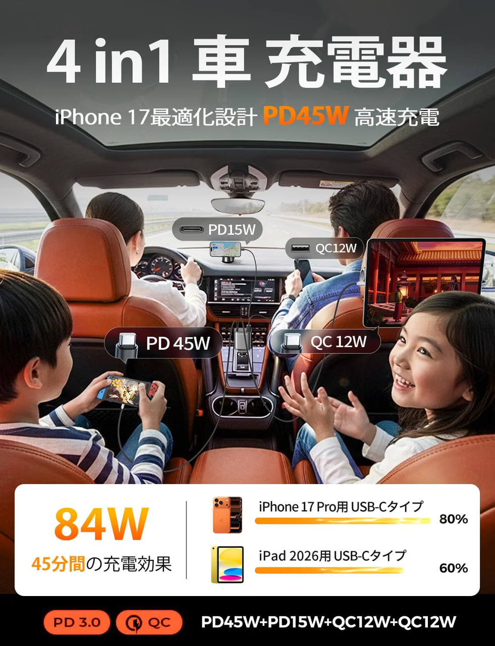 LISEN 84Wシガーソケット usb c 車 充電器【巻き取り式・タイプc 2本・2026最小4in1設計】しがーソケット usb 急速充電