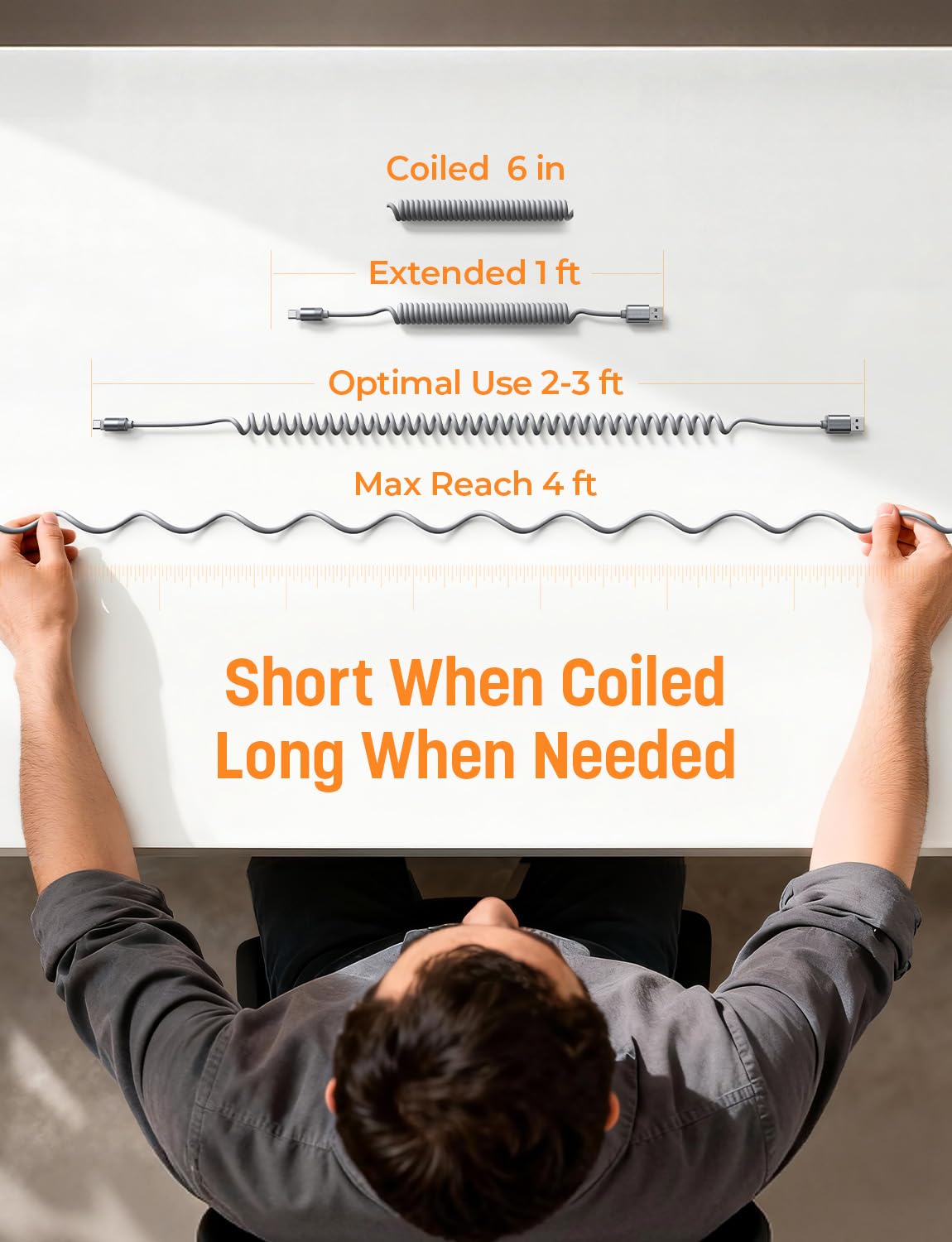 LISEN コイル状 USB C ケーブル 2本パック Android Auto &amp; CarPlay ケーブル用 ショート USB A - USB C ケーブル iPhone 17/16/15、Samsung Galaxy S25/S24/S23 A15/A14、Google Pixel 9/8 対応 スペースグレー 4フィート