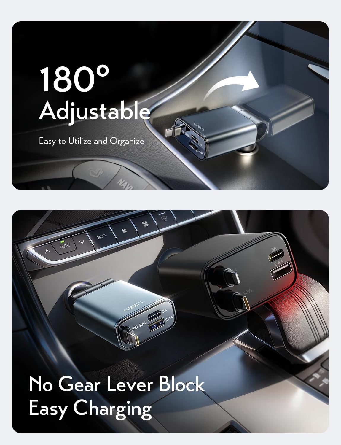 LISEN Compact 3 in 1 Retractable Car Phone Charger USB C Fast Charge 57W Cigarette Lighter USB Charger 80cm Type-C Cable, 12/24V Car Adapter Socket Car Accessories