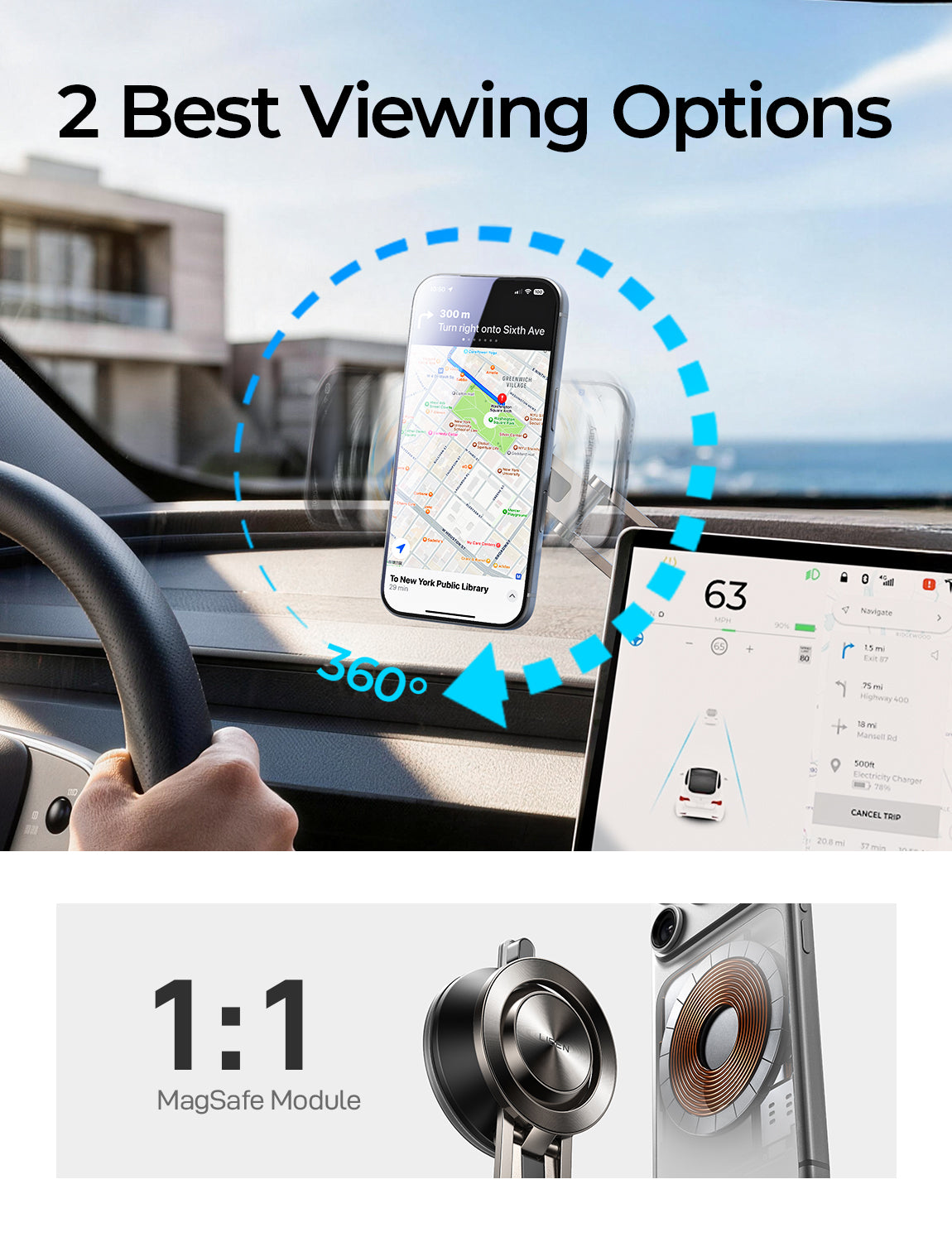 LISEN Tesla Phone Mount for Car [Ultra Suction], Hands Free Magnetic Phone Holder for Tesla 3 Y S X Screen Dashboard, only for iPhone 18 17 16 15 Pro Max Mini & Magsafe Cases Only