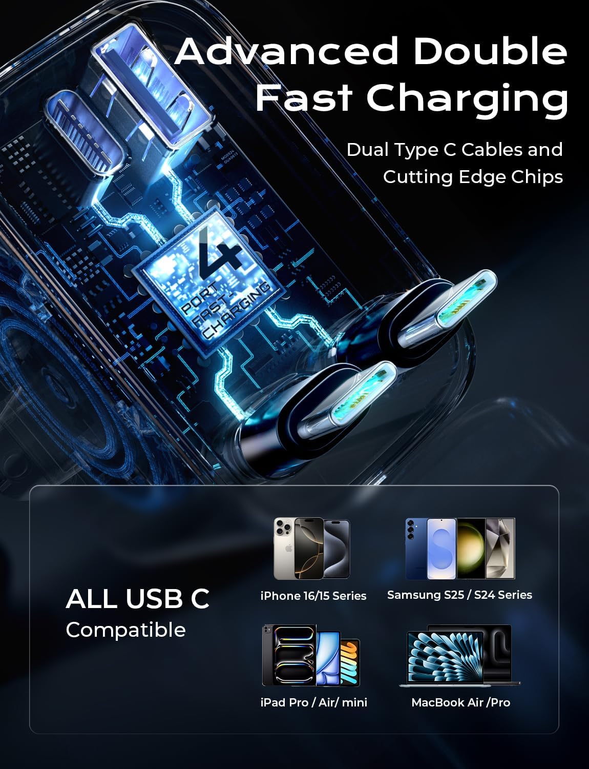 LISEN Retractable Car Charger USB C 75W Fast 4 in 1