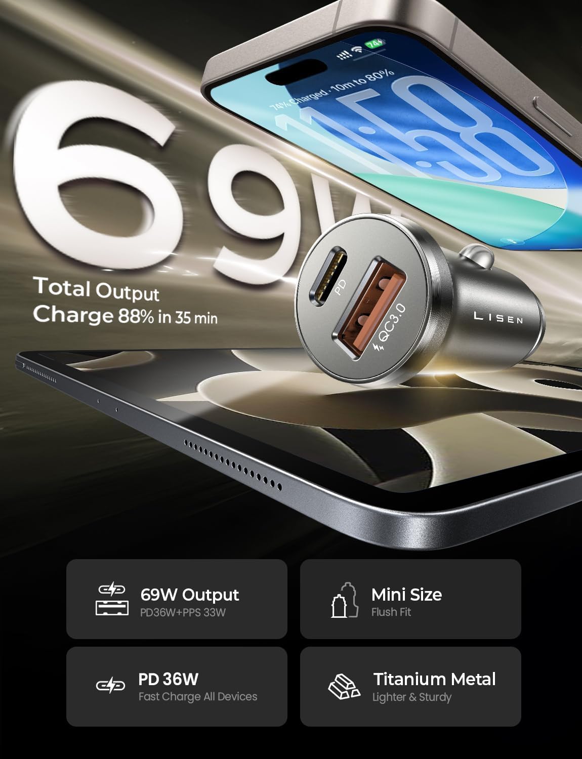 LISEN 69W Mini Cigarette Lighter Adapter Car Charger USB C