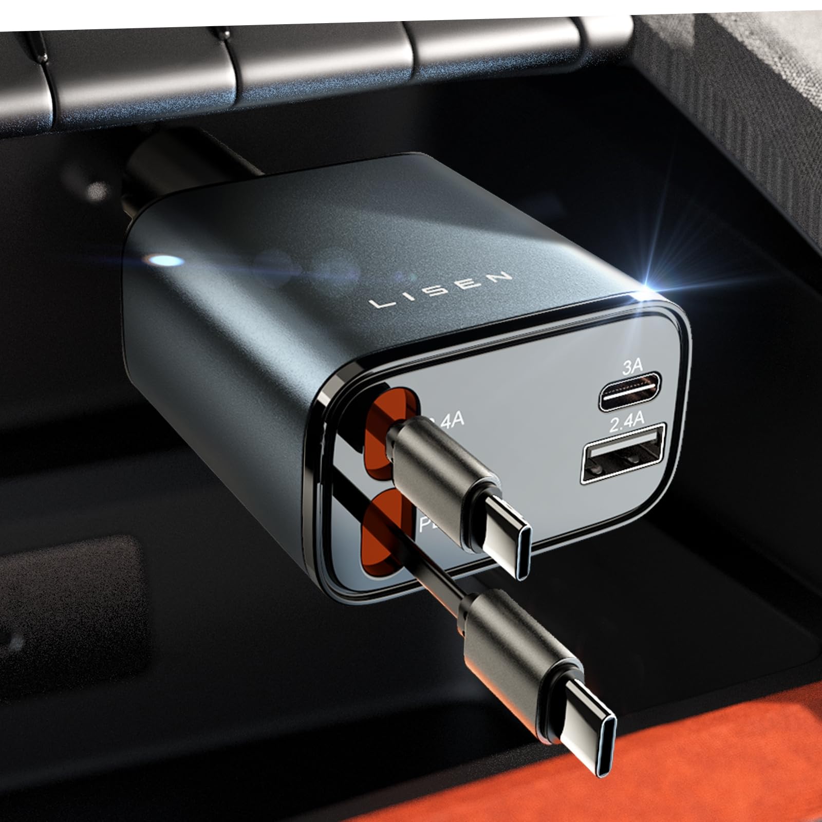 LISEN Retractable Car Charger, Dual USB C Retractable Cable Fast Car Adapter
