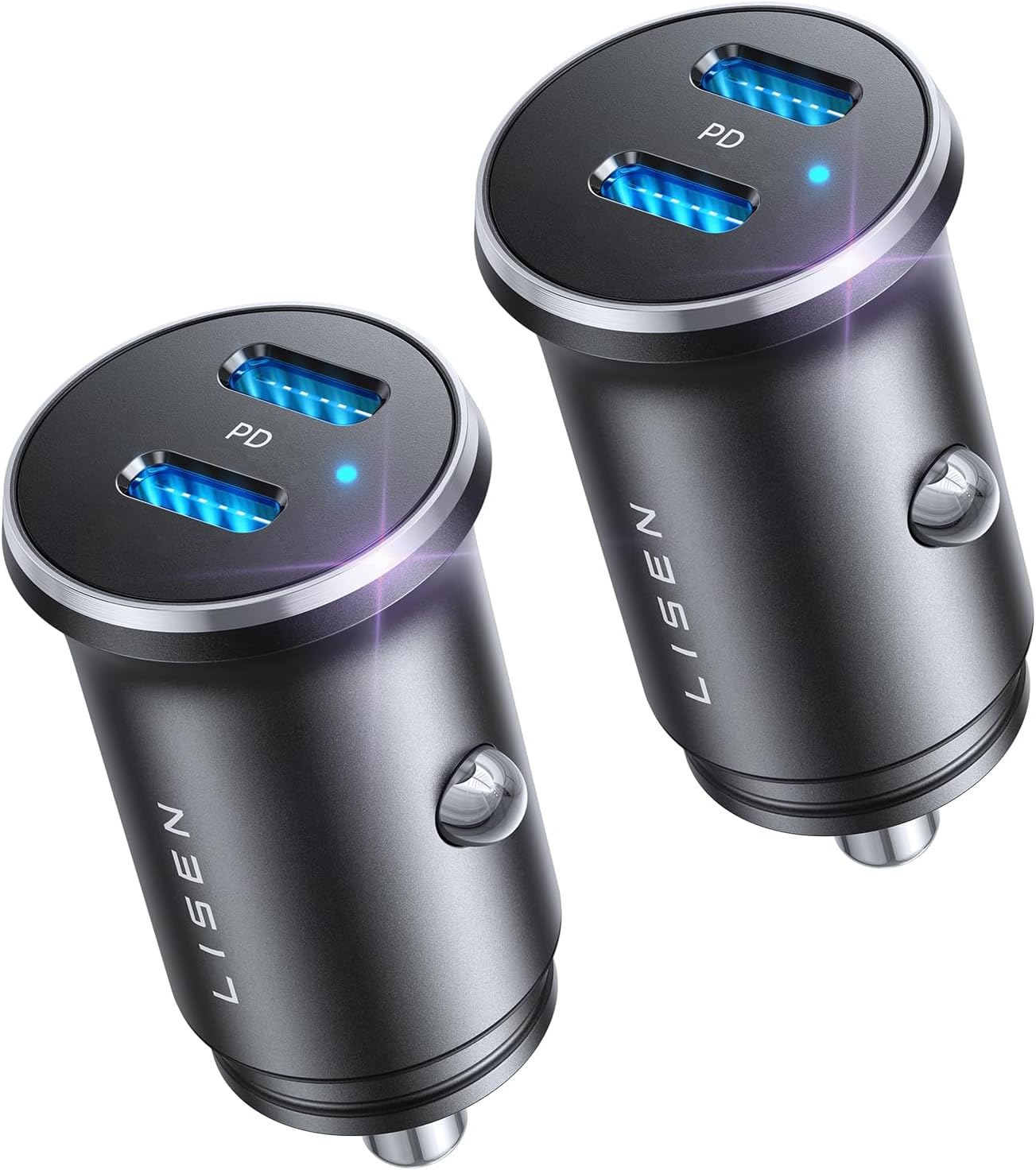 LISEN USB-C-Kfz-Ladeadapter, 60 W Dual-Port QC 3.0 Typ-C-Adapter, Schnelllade-USB-C-Zigarettenanzünderadapter für iPhone 15, 14, 13, 12, X, XS, Pro Max, Mini, Samsung Galaxy, iPad Pro 
