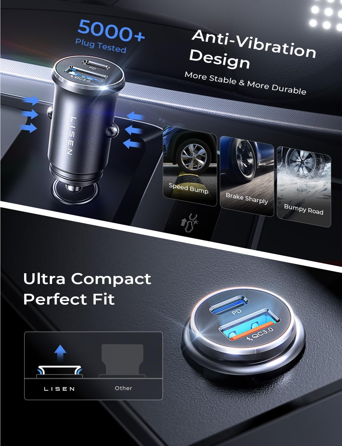 LISEN Car Charger USB C Super Mini Fast Charging PD36W&QC3.0 18W Dual Port
