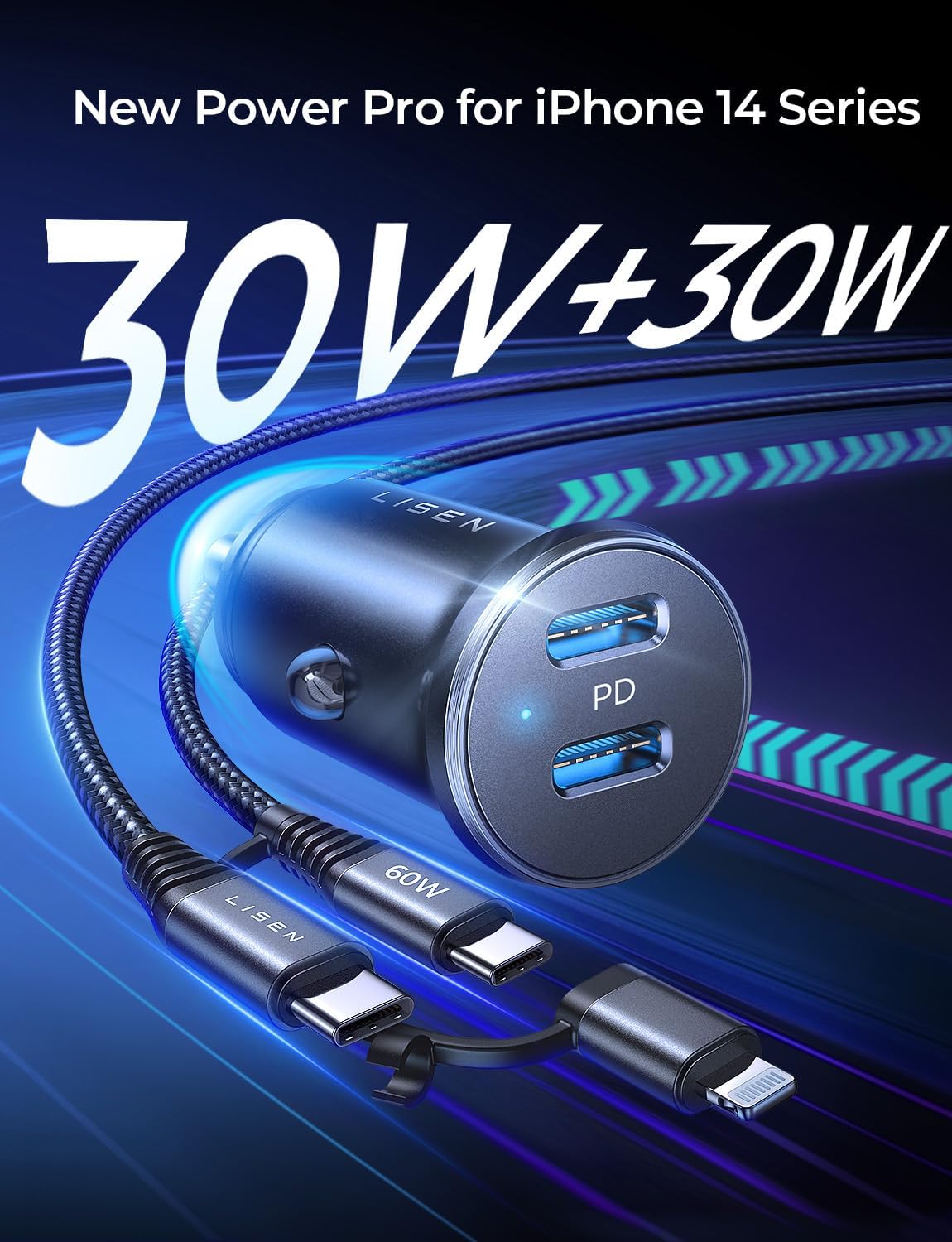 Lisen デュアル USB C カーチャージャー（ケーブル付き） 