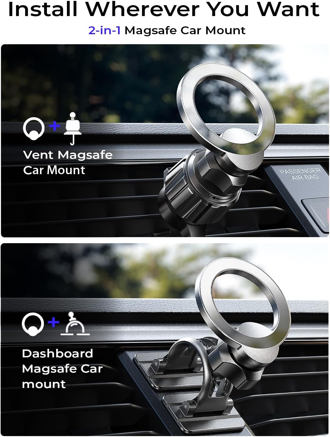 LISEN MagSafe カーマウント用 - [アップグレード 2026 ウルトラマグネット] 車用マグネット式電話ホルダー マグネット式携帯電話ホルダーマウント エアベント用 カーアクセサリー 男女兼用 iPhone 17 16 15 14 13 Pro Max 対応