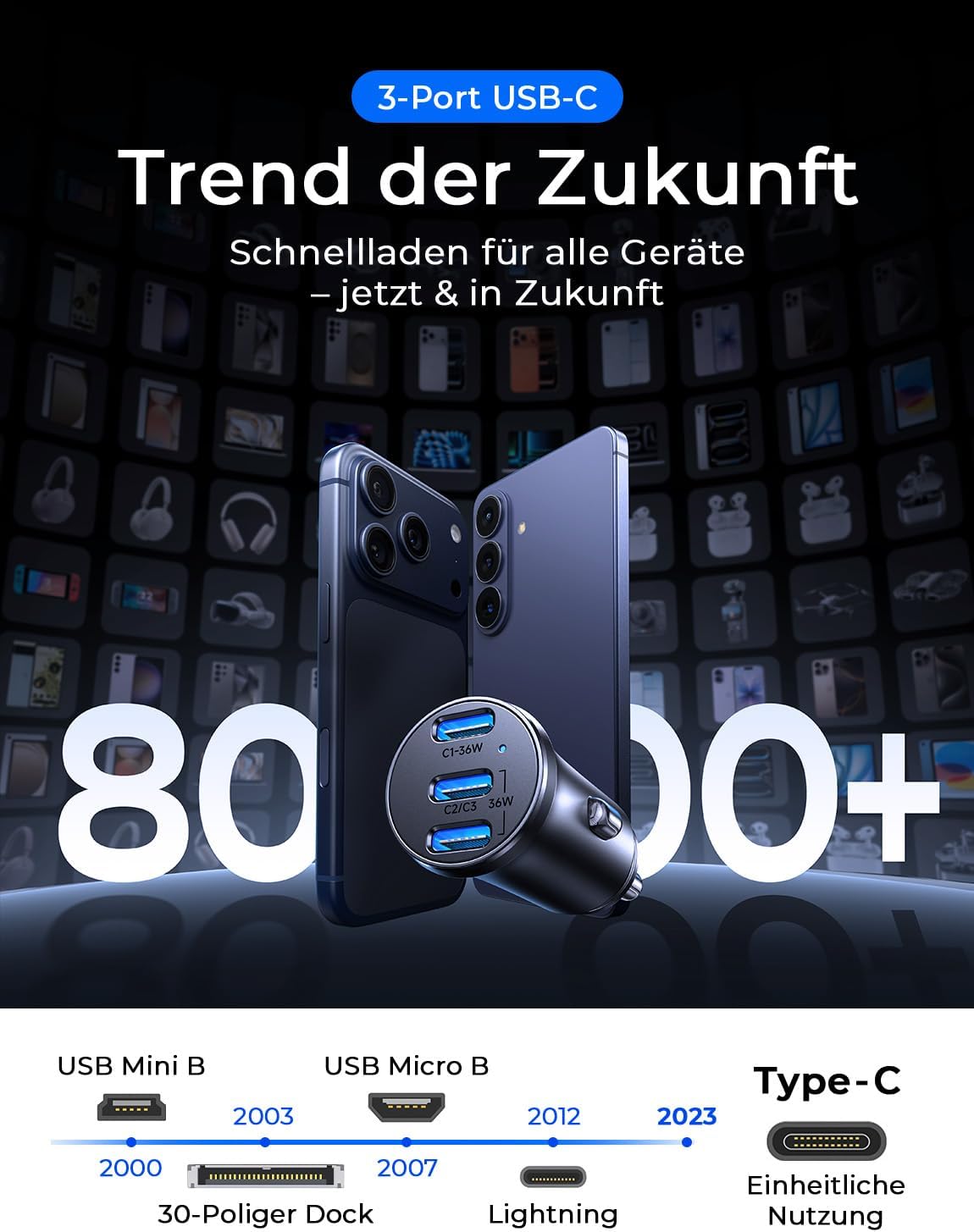 LISEN Mini-USB-C-Autoladegerät, 12 V, Schnellladung, Zigarettenanzünder