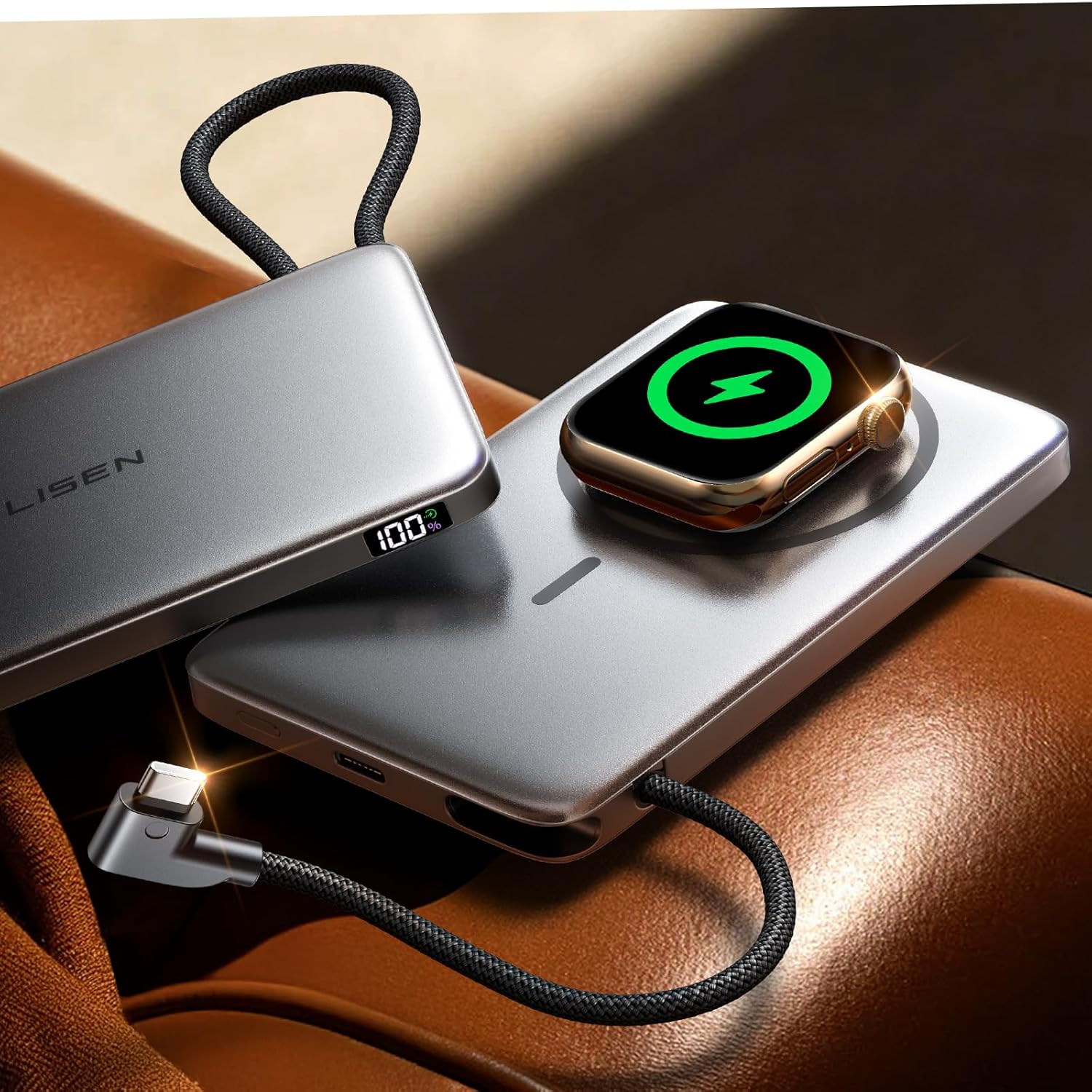 LISEN 0,5'' Ultra Slim MagSafe Powerbank für iPhone und Apple Watch, 10000mAh MagSafe Akku, Magnetisches Ladegerät aus Aluminiumlegierung für iPhone 16 Pro Max 15, Apple Watch S11 /S10 /S9 /SE, Schwarz 