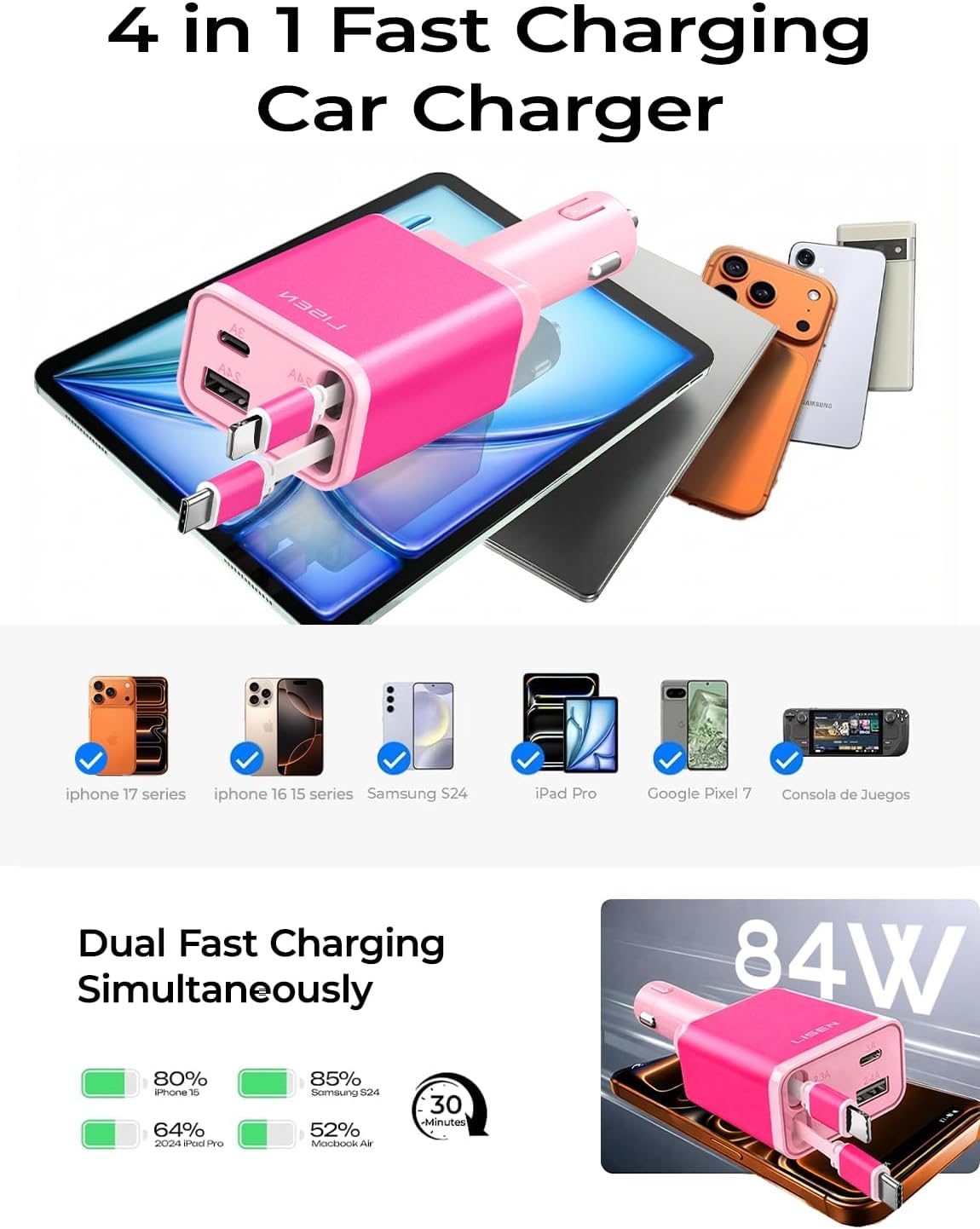 LISEN Retractable Car Charger Adapter for iPhone 17