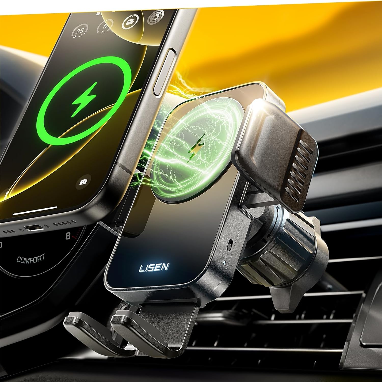 LISEN ワイヤレスカーチャージャー 15W 急速充電 エアベント スマホマウント