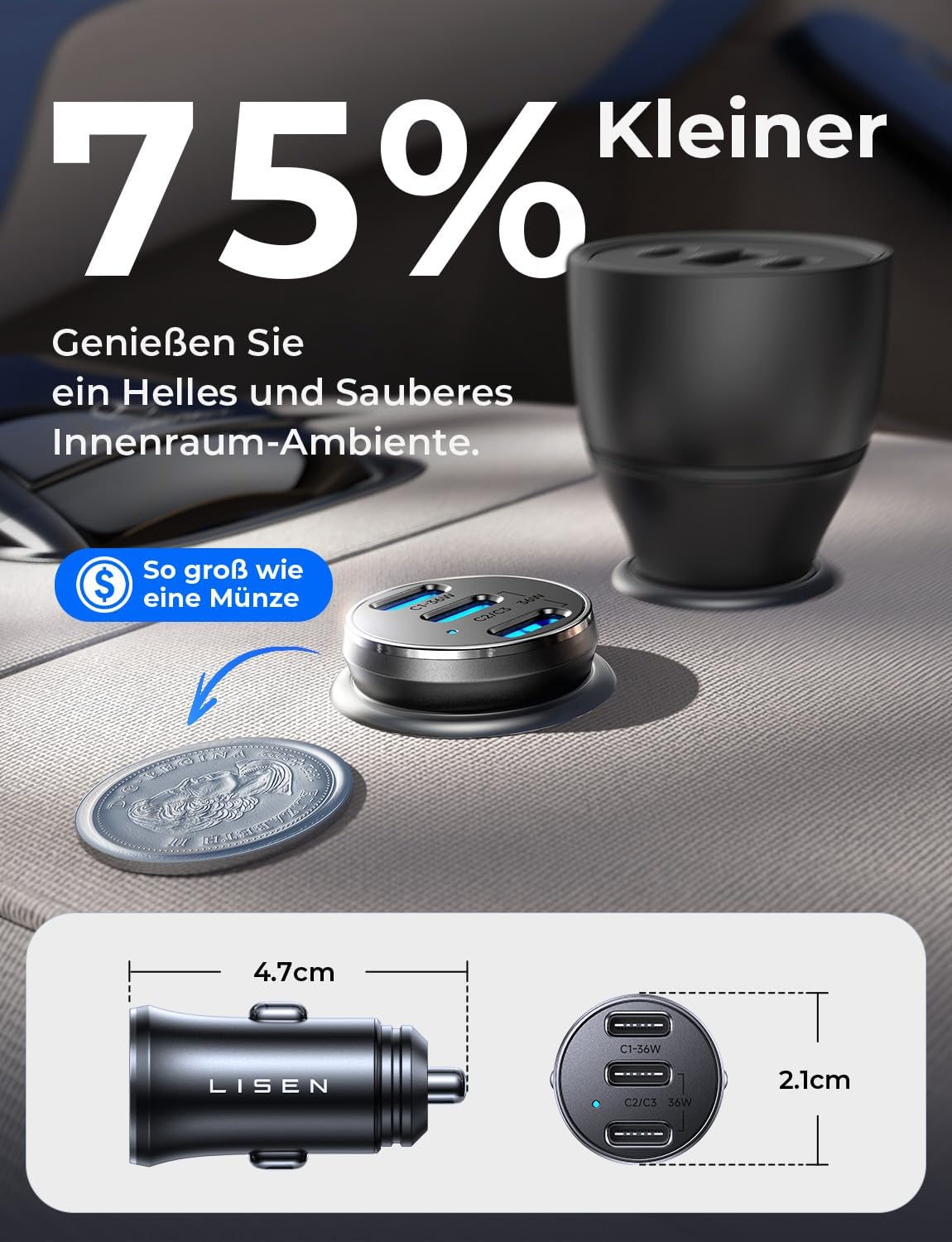 LISEN Mini-USB-C-Autoladegerät, 12 V, Schnellladung, Zigarettenanzünder