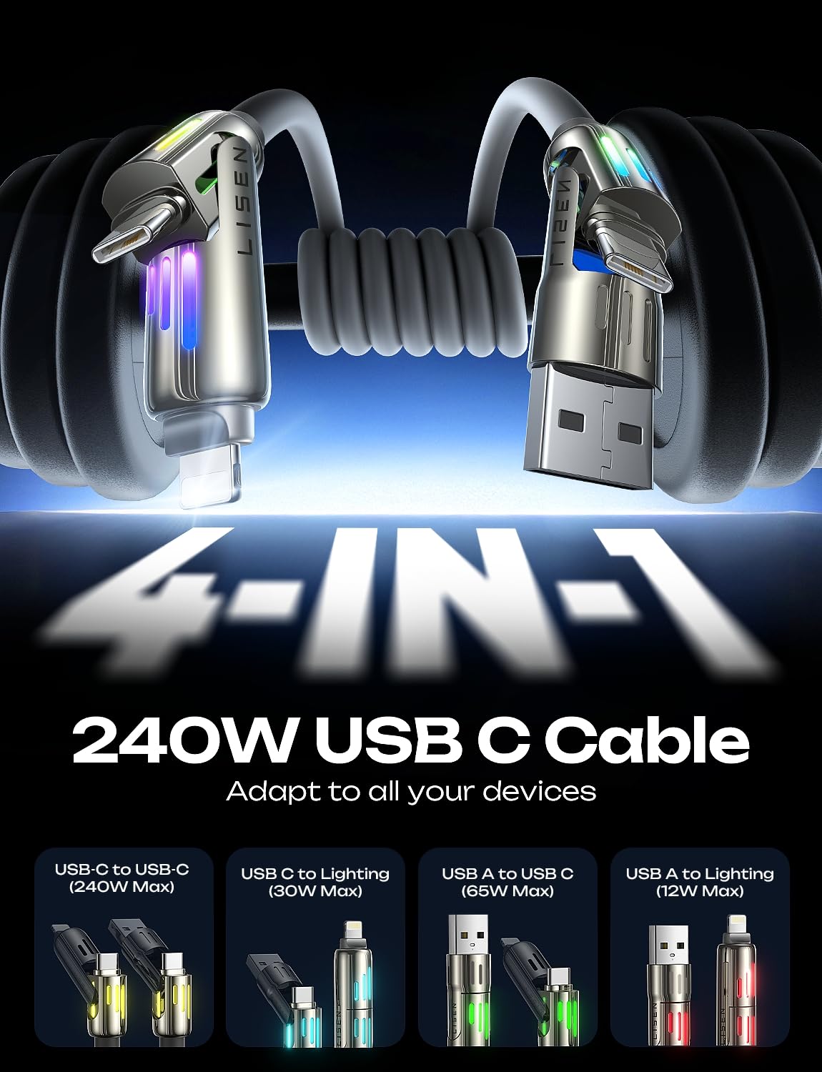 LISEN iPhone 17 240W 4-in-1 USB-Cケーブル [6.6フィート] 