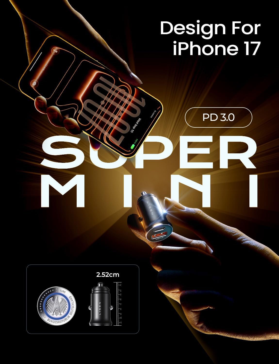 LISEN 69W Mini Cigarette Lighter Adapter Car Charger USB C