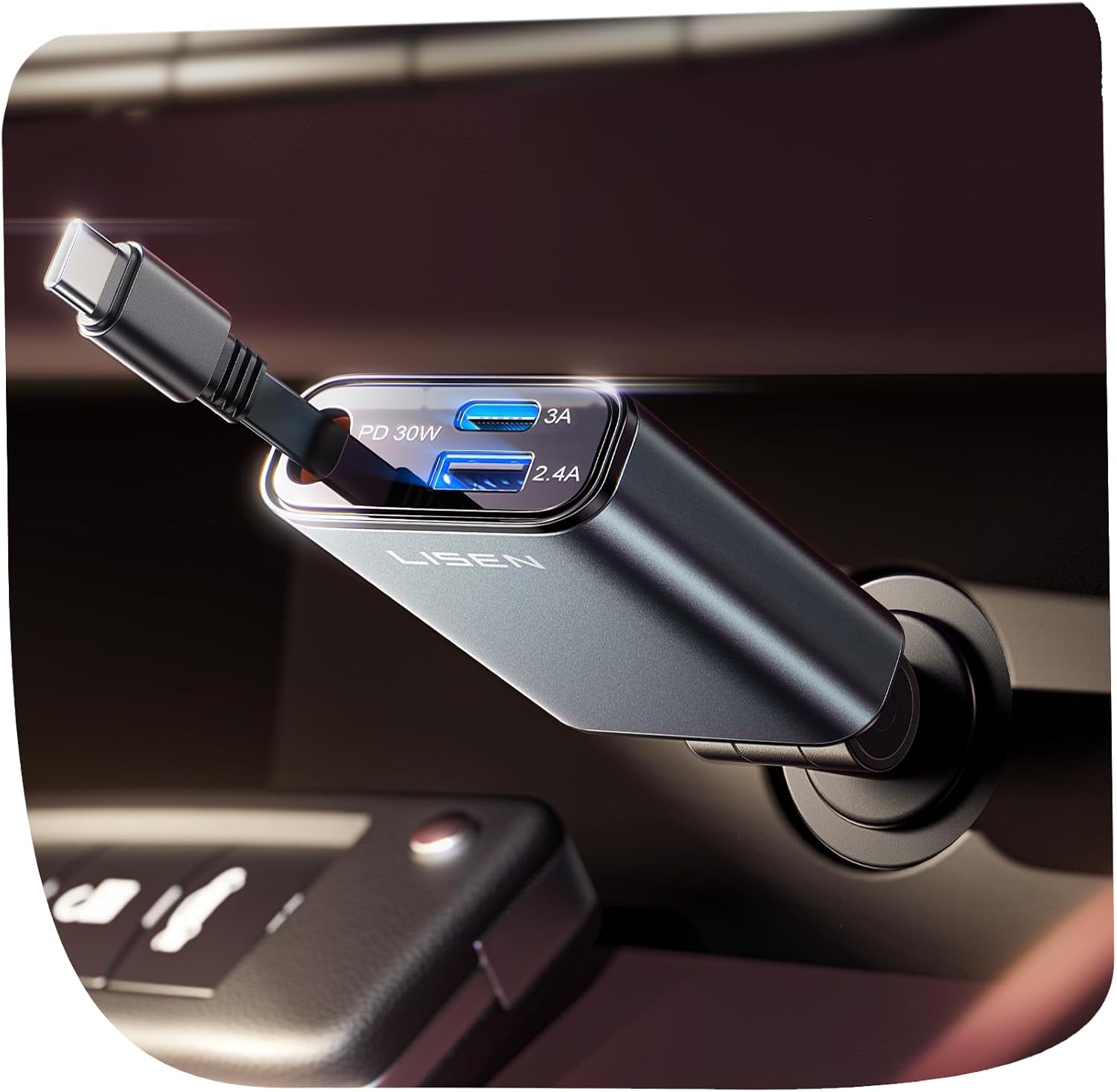 LISEN カーチャージャー USB C 急速充電 引き込み式カーチャージャー USB C [98% 省スペース] RV トラック BMW 車アクセサリー 女性 男性 電話 タイプ C 車充電 iPhone 17 16 15 Samsung S25 Android