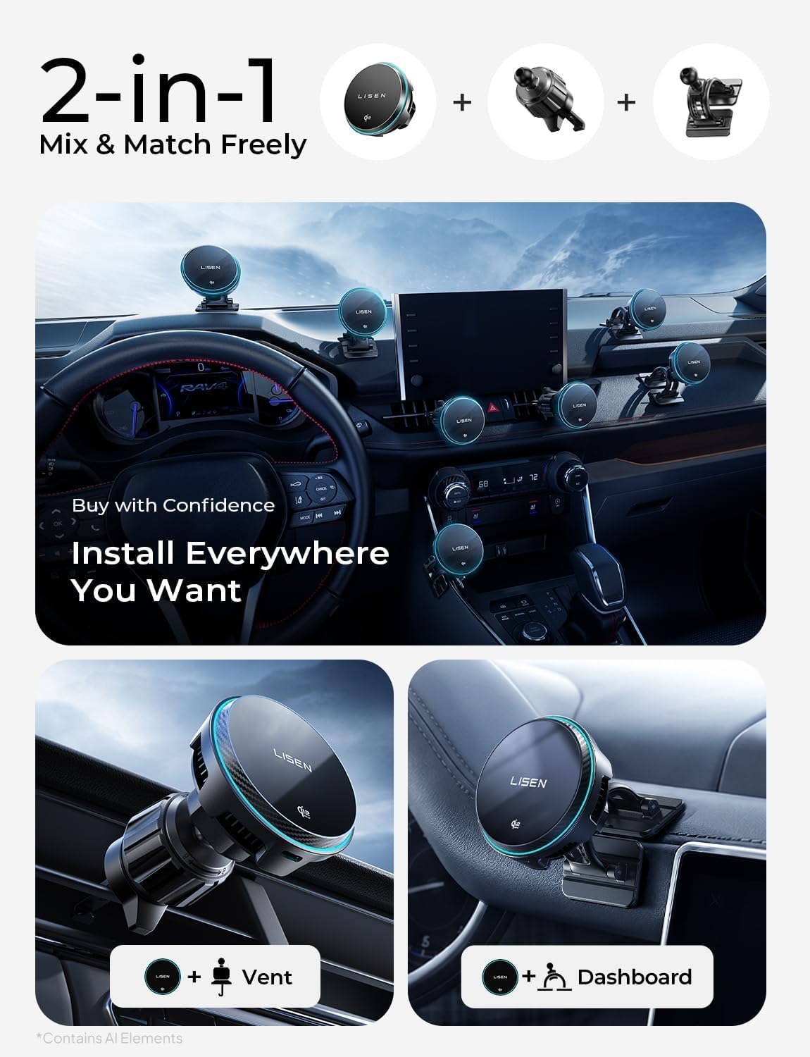 LISEN Qi2.2 25W MagSafe Car Mount Charger, TEC Cooling for iPhone 12‑17