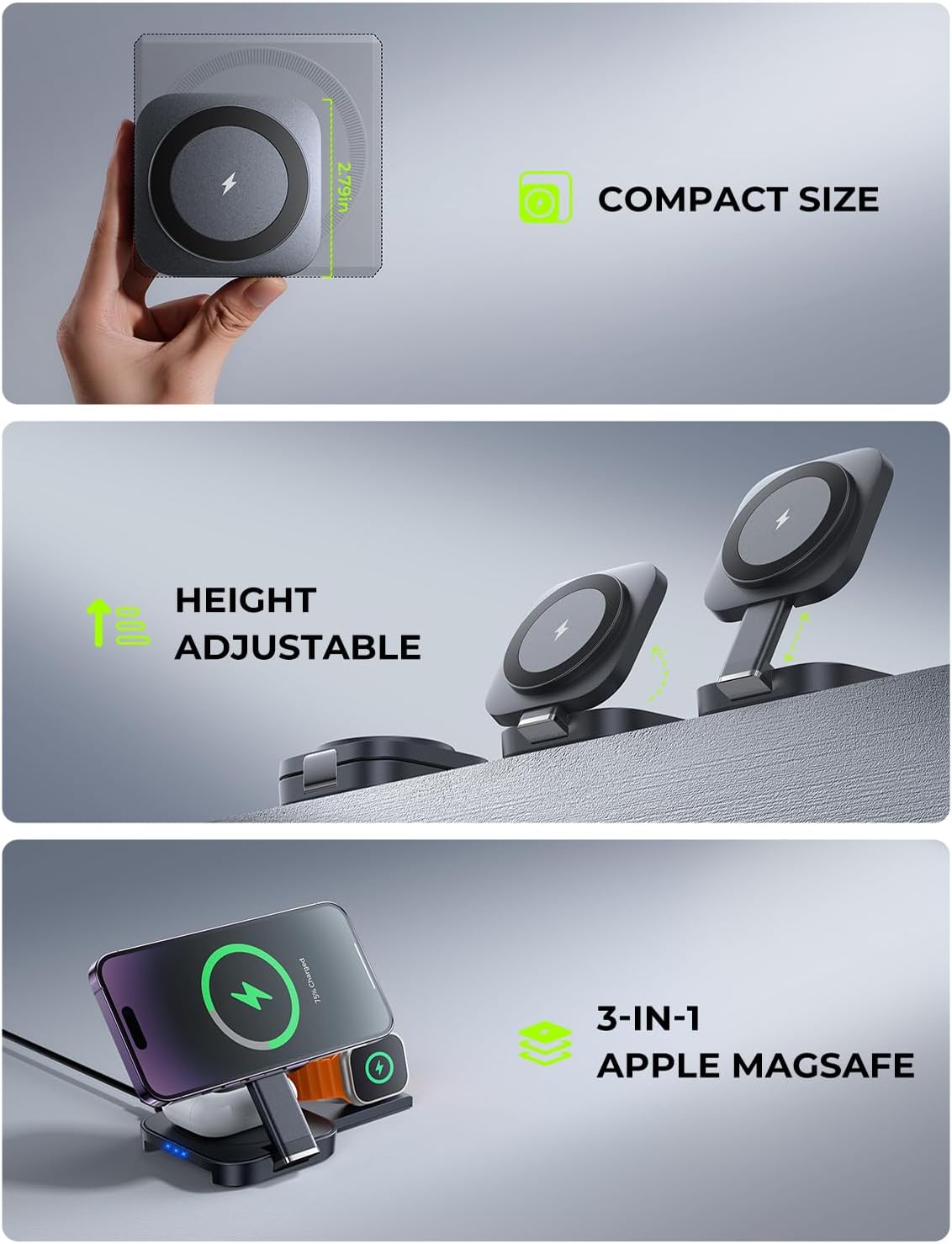 LISEN 3 in 1 充電ステーション Appleデバイス用 Magsafe ワイヤレス充電パッド iPhone用 旅行用ワイヤレス充電ステーション 複数デバイス対応 iPhone 15 Pro Max Magsafe 充電器 Airpodsに対応 ブラック