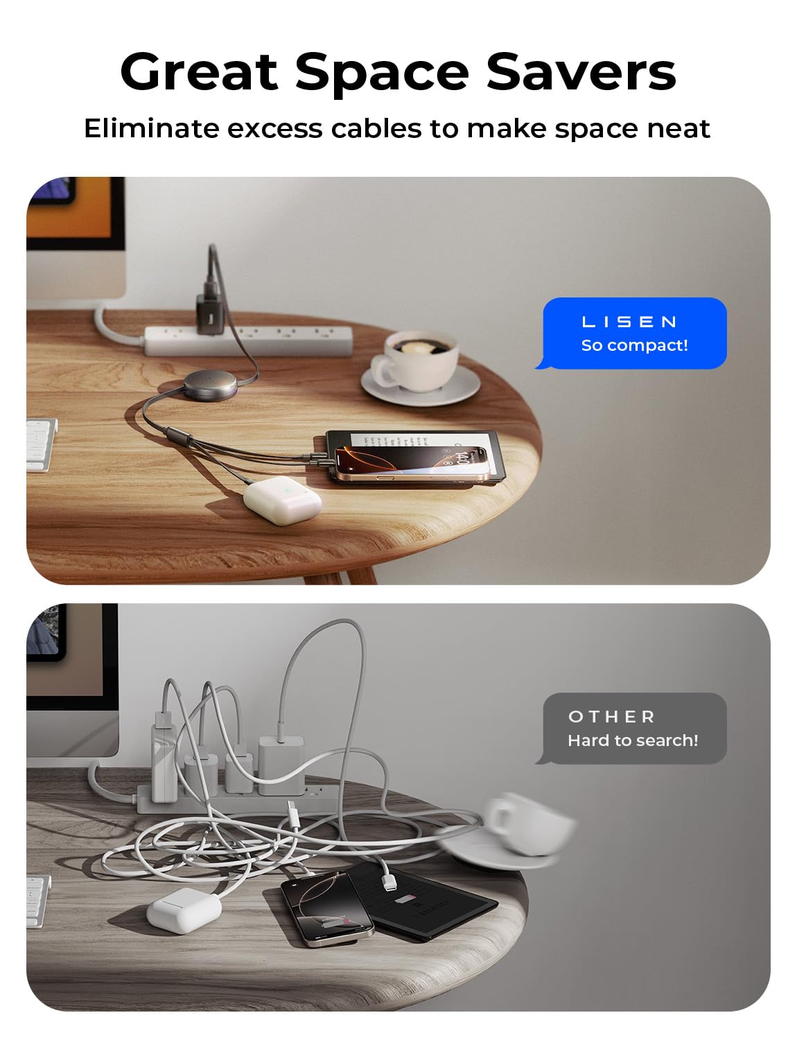 LISEN Multi Charger Cable, Retractable USB C to USB Charging Cable 3 in 1 Charger Lighting/Micro USB Cable
