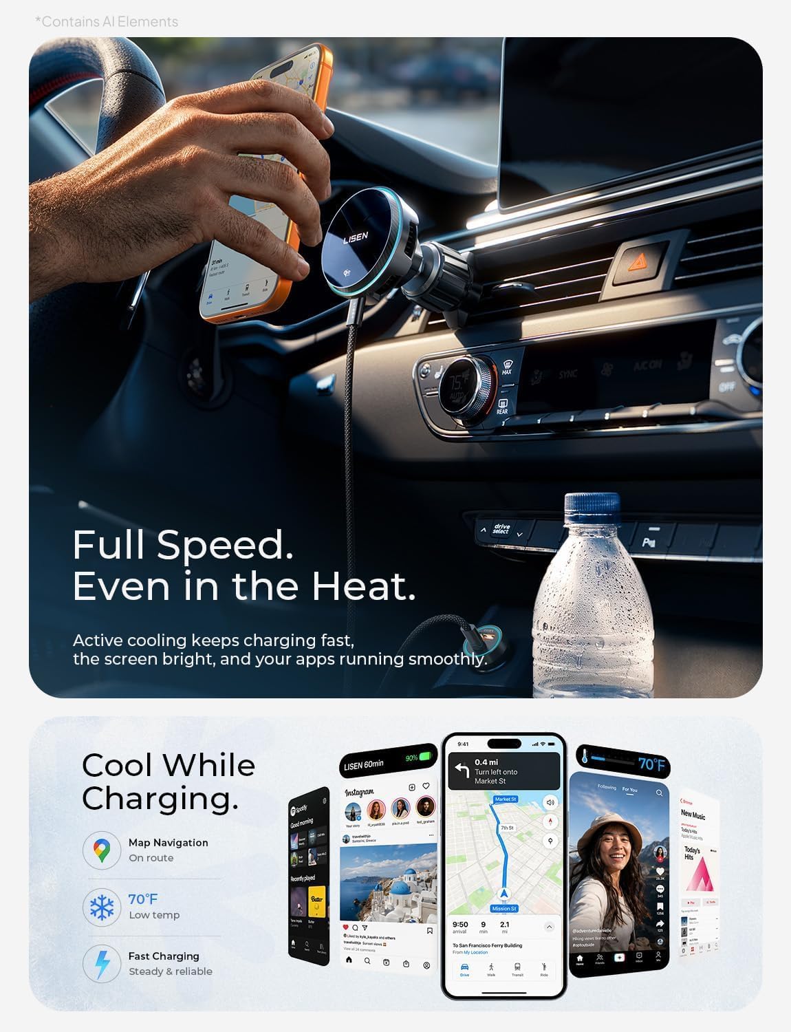 LISEN Qi2.2 25W MagSafe Car Mount Charger, TEC Cooling for iPhone 12‑17