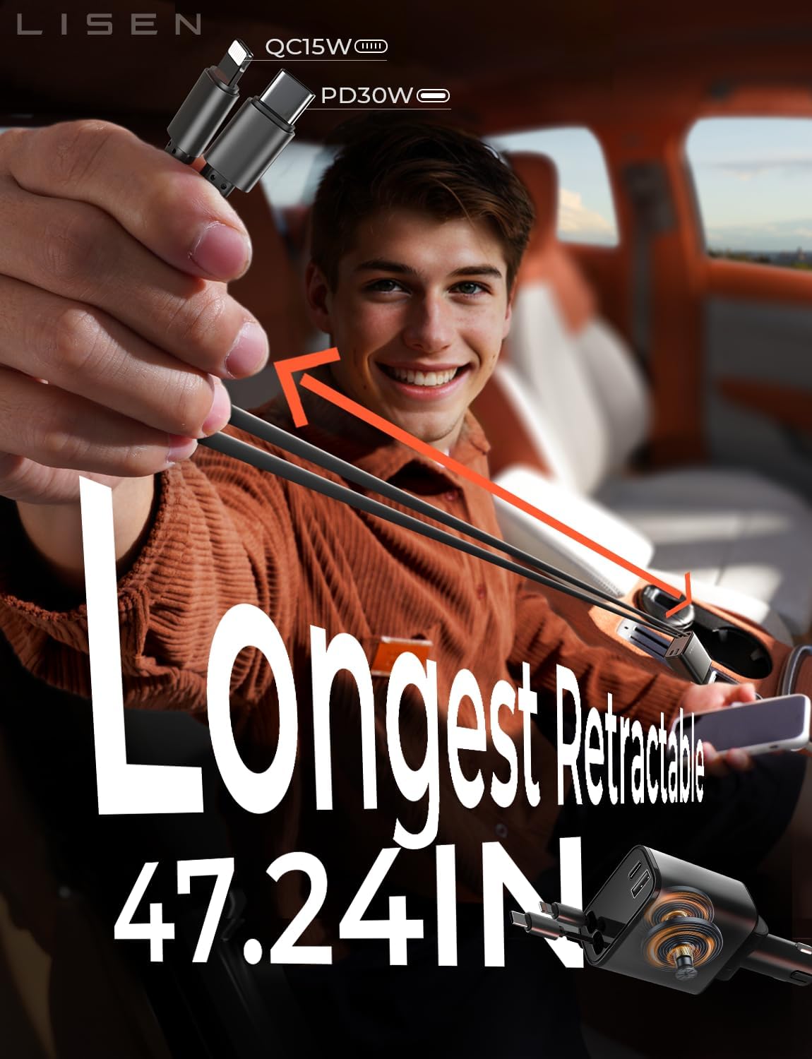 LISEN Long Retractable Car Charger 4 in 1 (47.2in Cable)