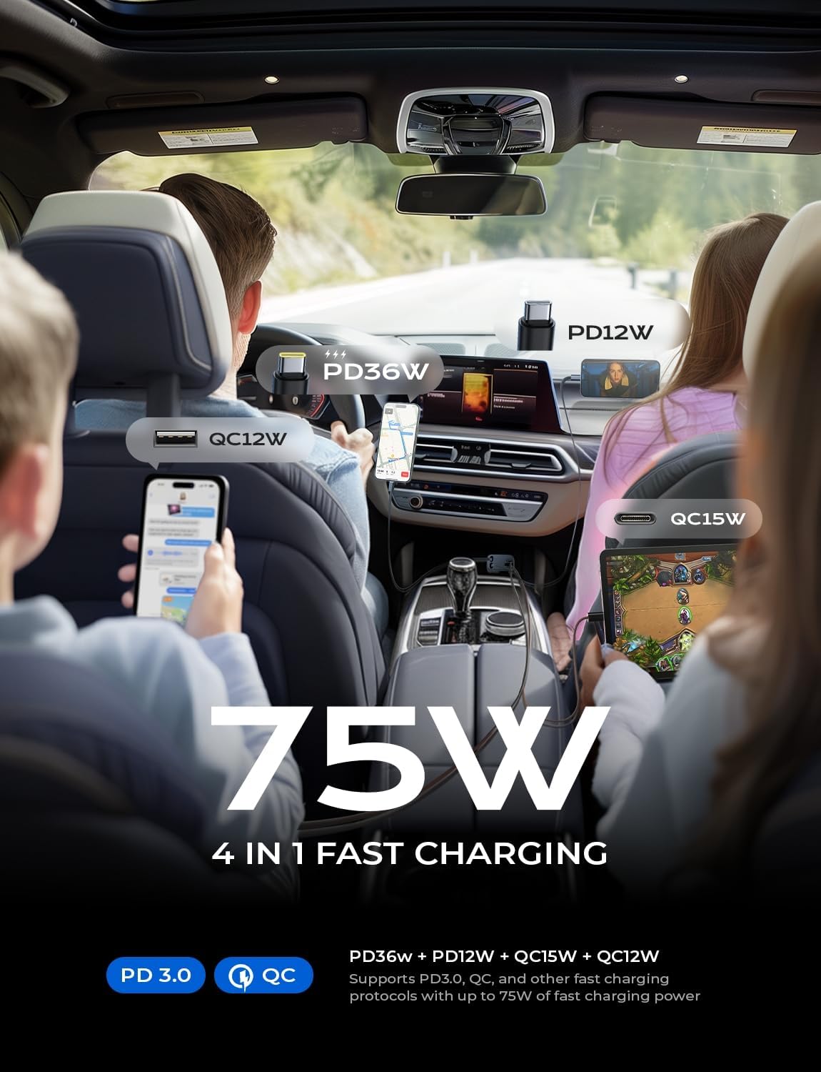 LISEN Retractable Car Charger USB C 75W Fast 4 in 1