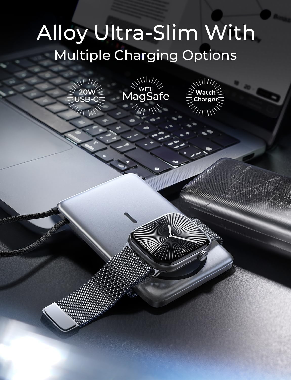 LISEN 0.5インチ 超薄型 MagSafe パワーバンク iPhone および Apple Watch 用、10000mAh MagSafe バッテリーパック、iPhone 16 Pro Max 15、Apple Watch S11 /S10/S9/SE 用合金製磁気ポータブル充電器、ブラック