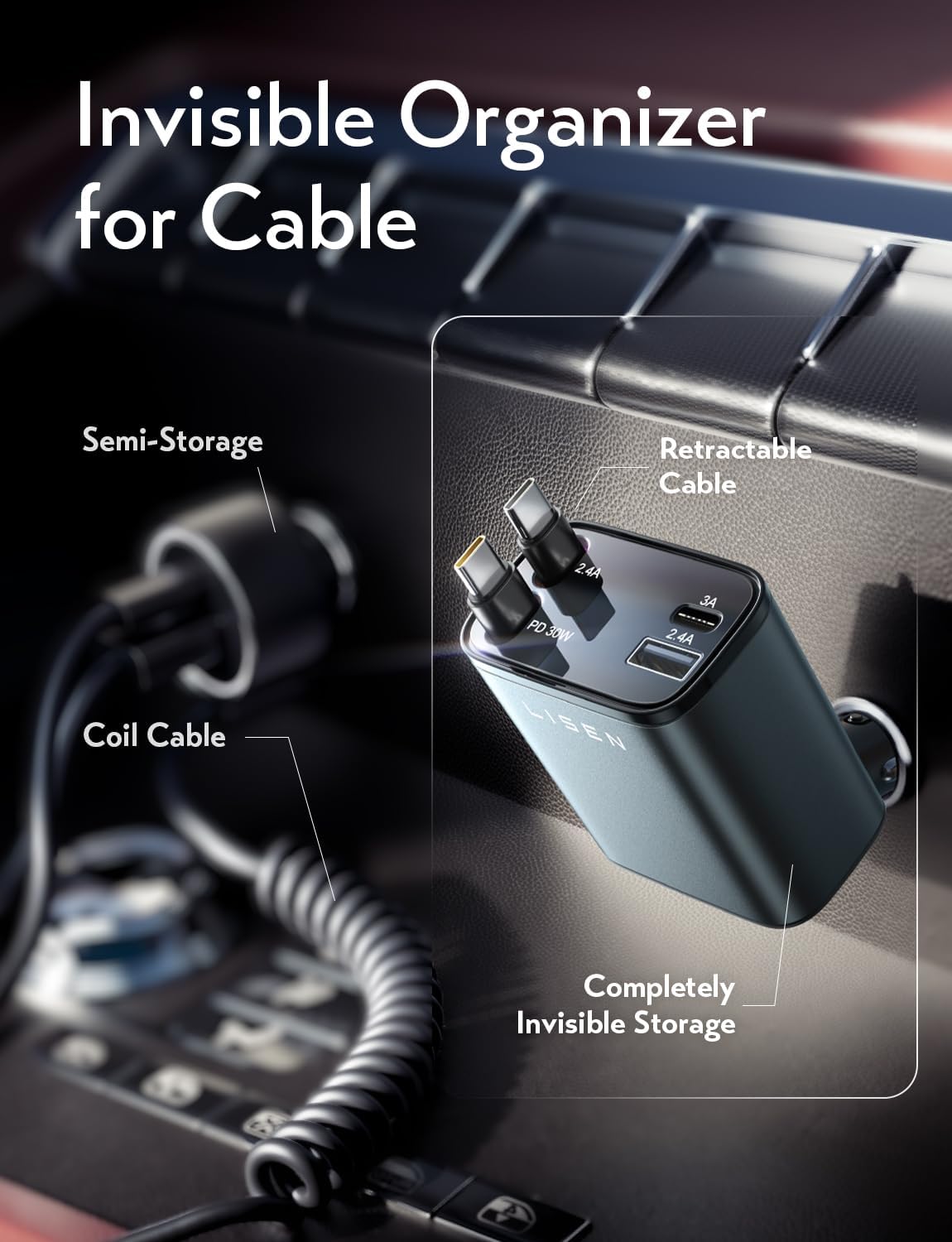 LISEN Retractable Car Charger USB C 75W Fast 4 in 1