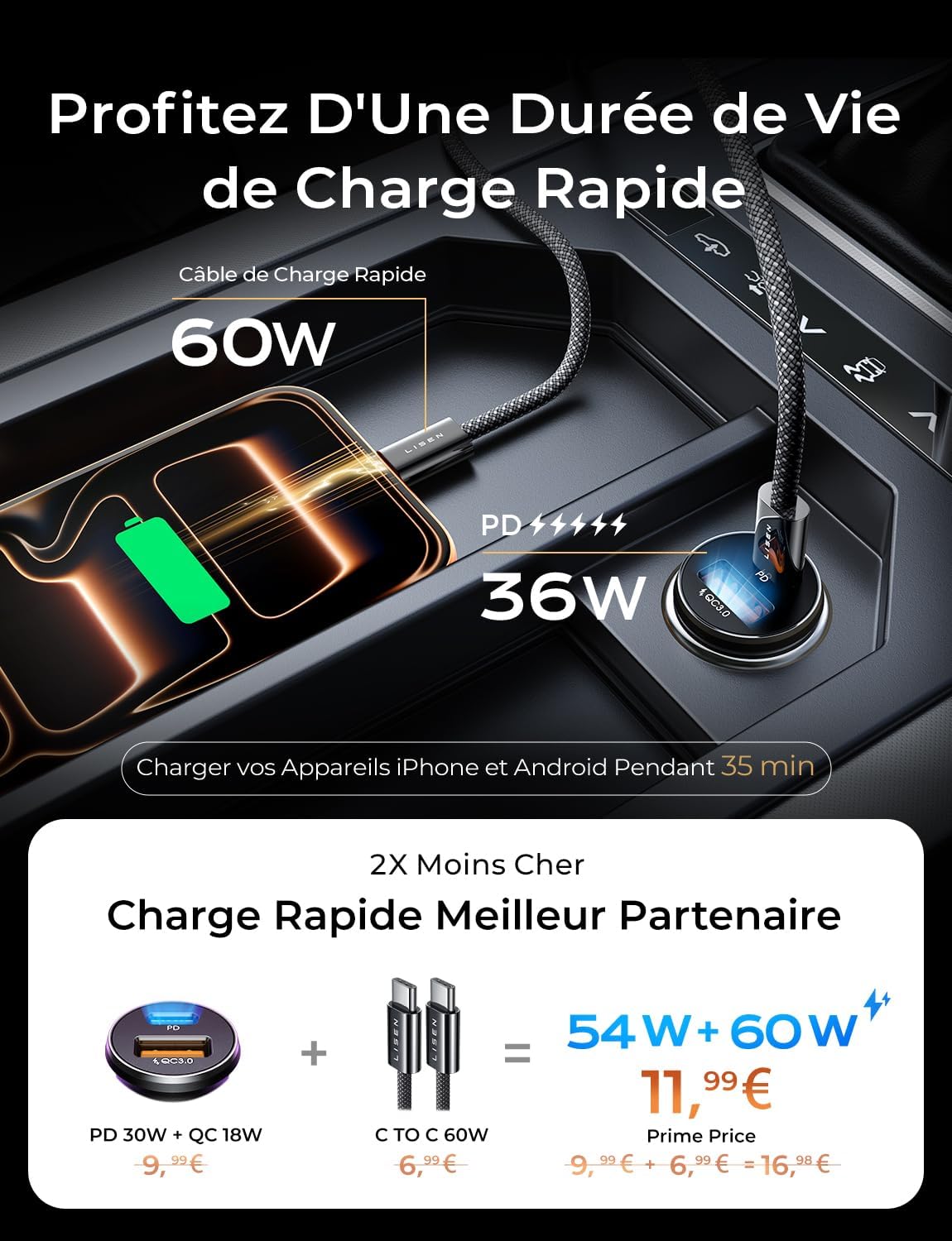 LISEN Car Charger USB C 54W+60W C-C Cable
