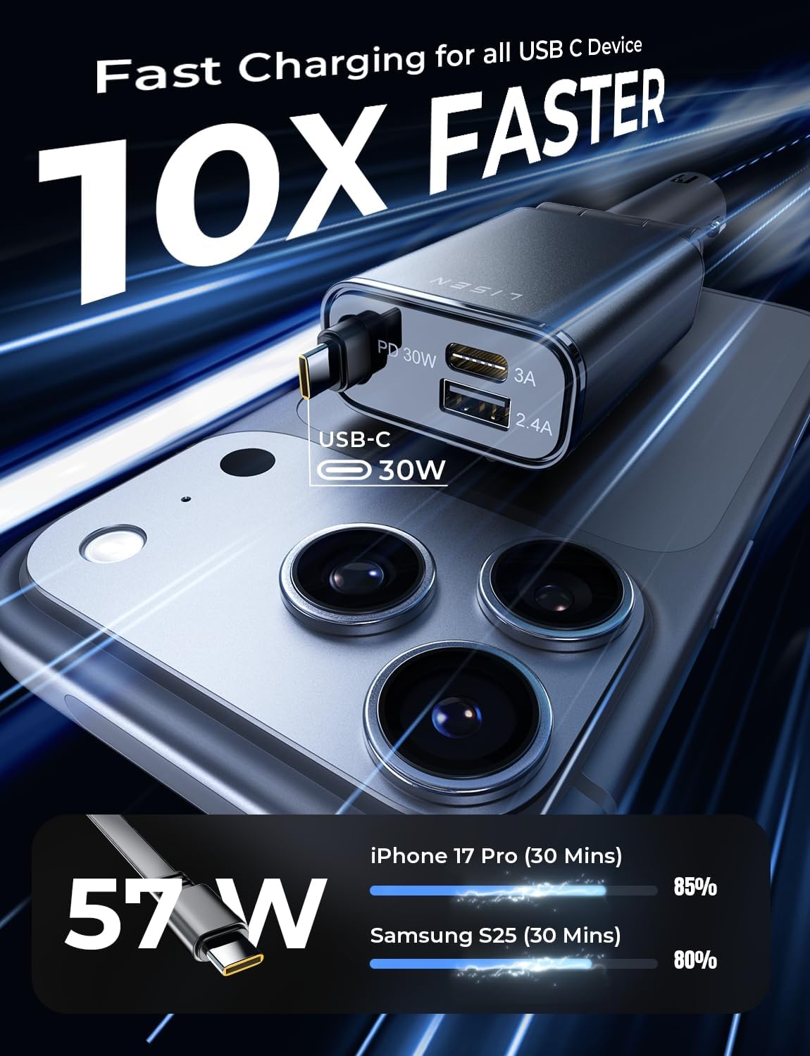 LISEN 格納式カーチャージャー USB C 