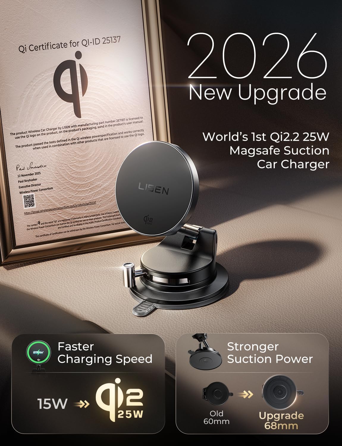 LISEN for Qi2.2 25W MagSafe Car Mount Charger,Magnetic Wireless Car Charger