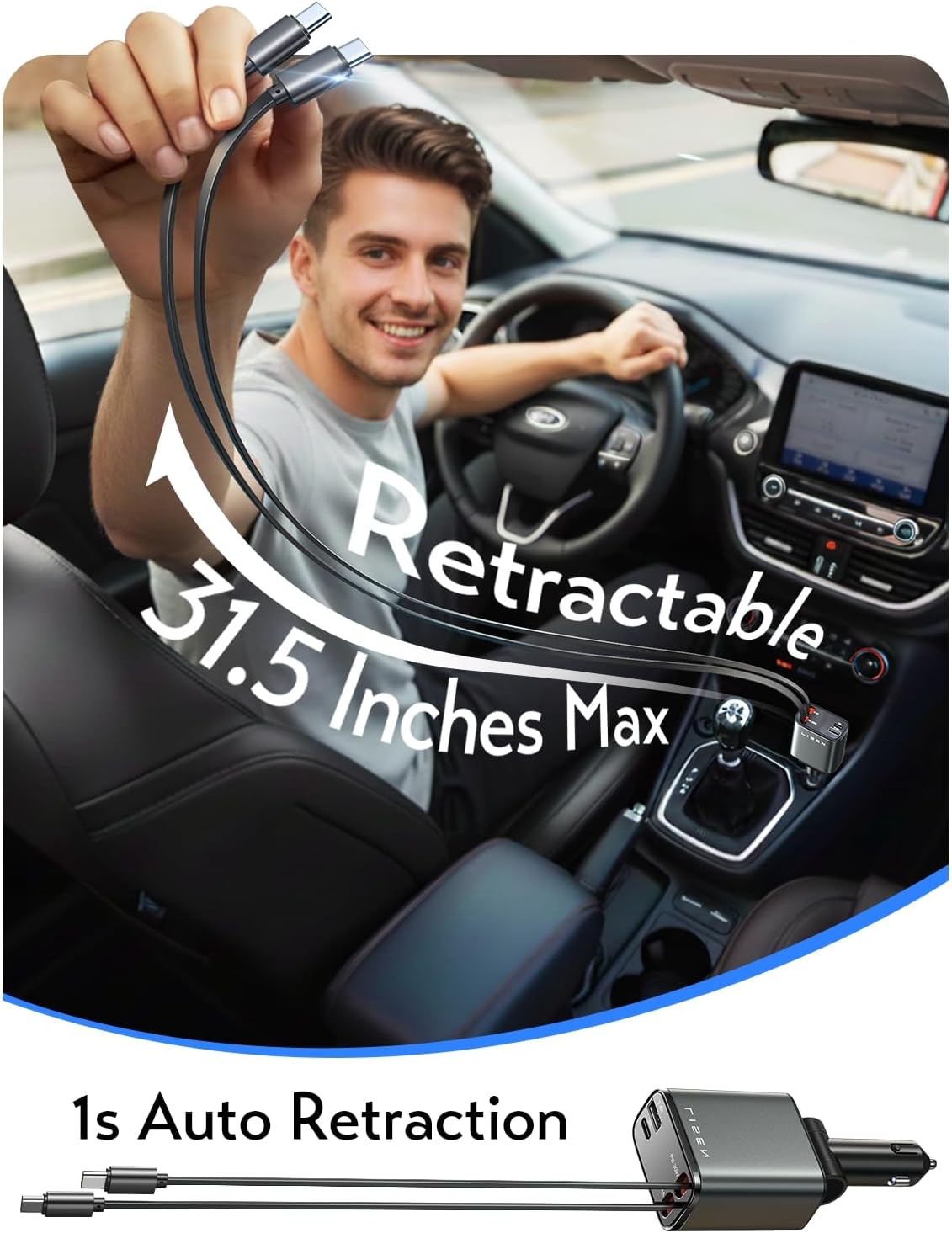 LISEN Retractable Car Charger USB C 75W Fast 4 in 1