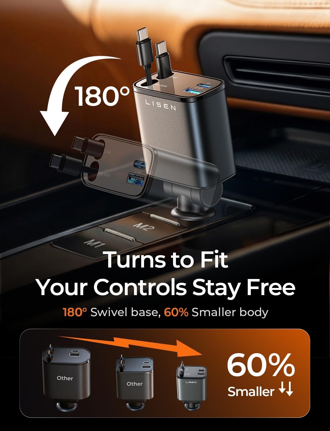 LISEN Versenkbares Kfz-Ladegerät USB C [Verbessertes Dual Type C] 75W Schnellladefunktion 4-in-1 Kfz-Ladegerät für iPhone 17, Road Trip Essentials Geschenke für Männer Frauen, Auto Zubehör für Galaxy S26 Phone 17e 16 15 Pro Max