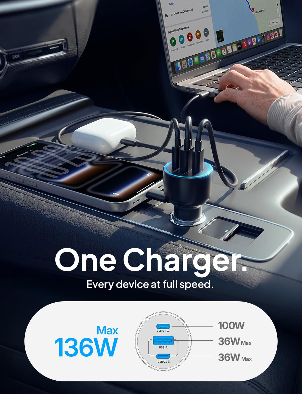 LISEN 136W Super Fast Charge Car Charger USB C PD 100W for Macbook Pro Air HP 14 iPhone 18 Pro Max Duo 3-Port Cigarette Lighter USB Charger