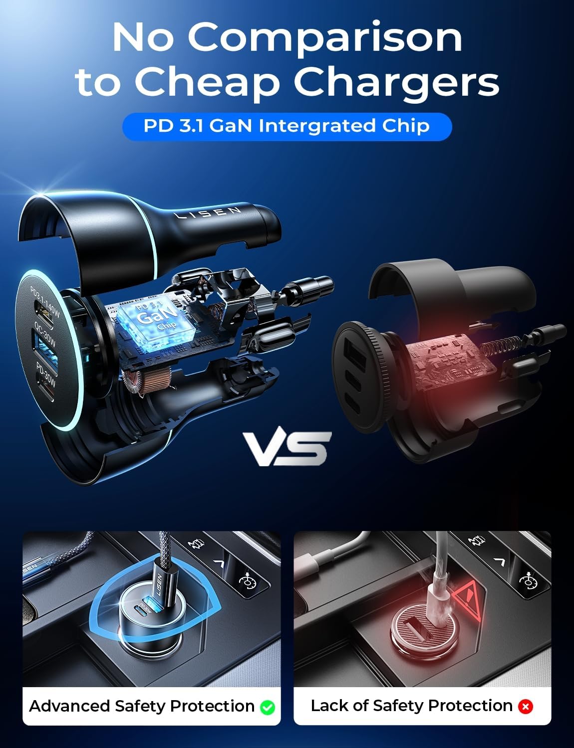 LISEN 170W カーチャージャー USB C 急速充電 カーチャージャー GaN チップ PD3.1 140W+PD30W/QC30W シガレットライター USB 充電アダプター iPhone17/16、MacBook Pro/Air、ノートパソコン、Samsung S25/S24 用