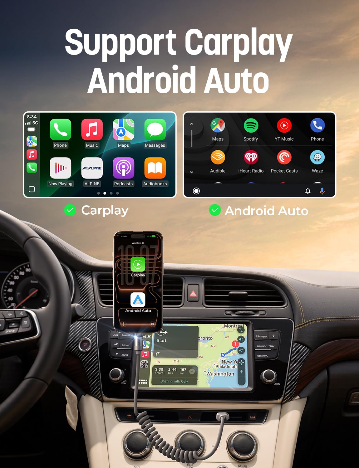 LISEN コイル状 USB C ケーブル 2本パック Android Auto &amp; CarPlay ケーブル用 ショート USB A - USB C ケーブル iPhone 17/16/15、Samsung Galaxy S25/S24/S23 A15/A14、Google Pixel 9/8 対応 スペースグレー 4フィート