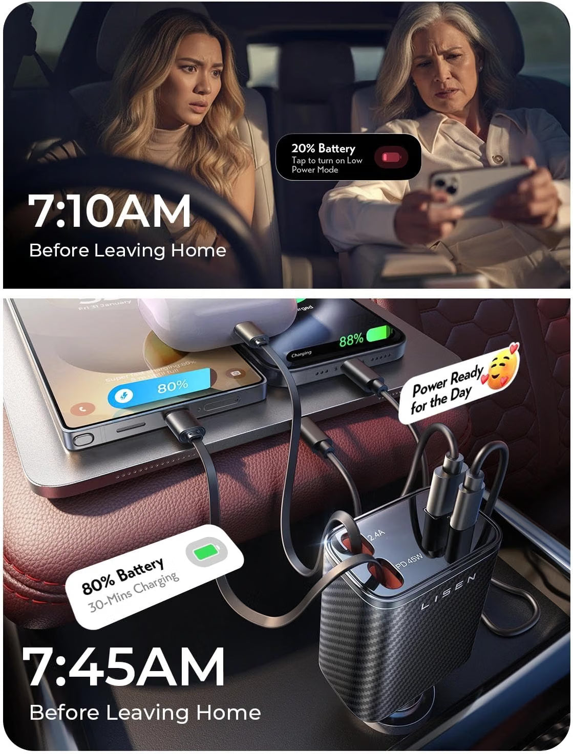 LISEN Retractable Car Charger USB C [Upgraded Dual Type C] 75W Fast 4 in 1 Car Charger for iPhone 17, Gifts for Him Her Men Women, Carbon Black