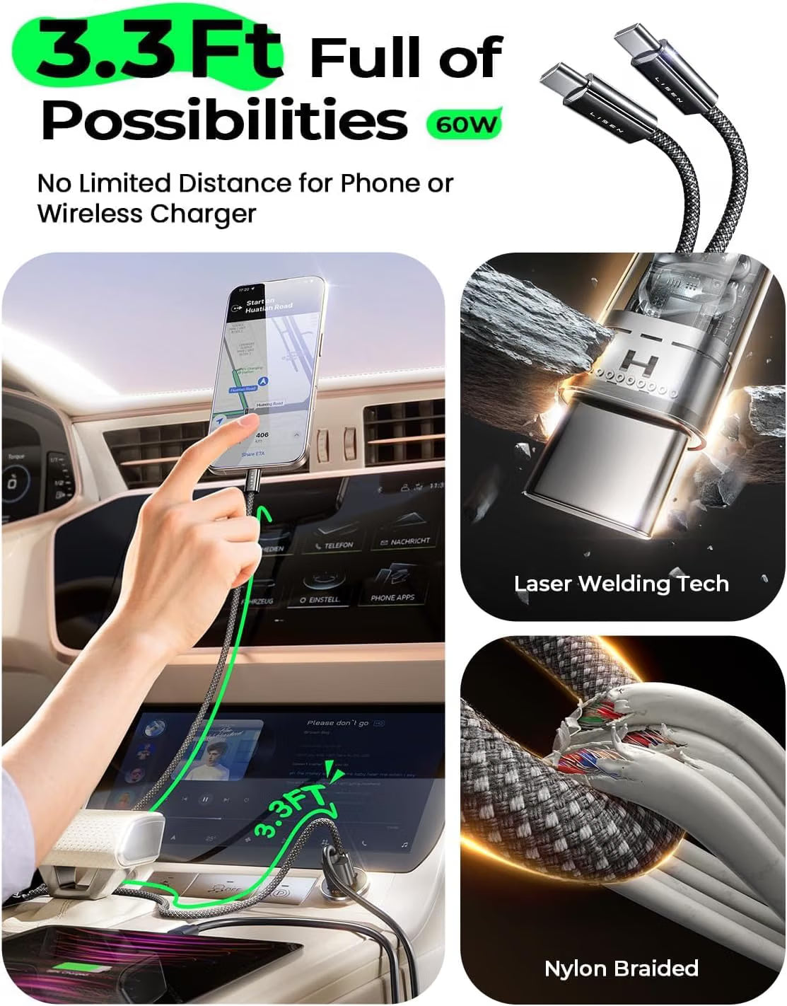 LISEN 90W USB-C Car Charger Fast Charge, PD 45W Type-C Adapter