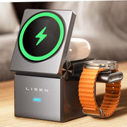 LISEN Qi2 Magsafe 充電スタンド 3 in 1 Apple iPhone および Watch 充電ステーション 15W Magsafe 充電スタンド キューブ 折りたたみ式 iPhone 17 16 および Google Pixle 10、10 Pro、10 Pro XL 用