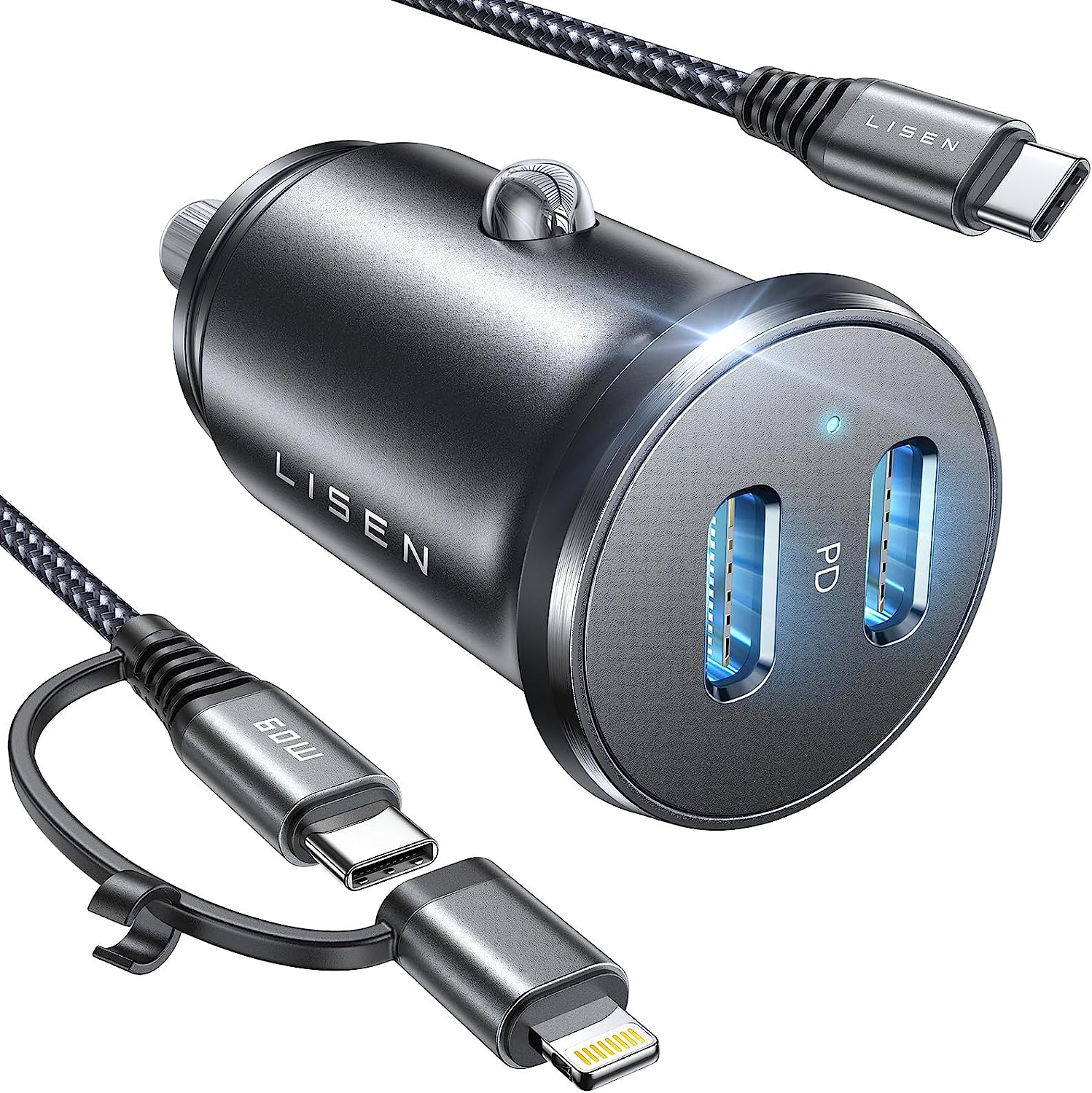 Lisen デュアル USB C カーチャージャー（ケーブル付き） 