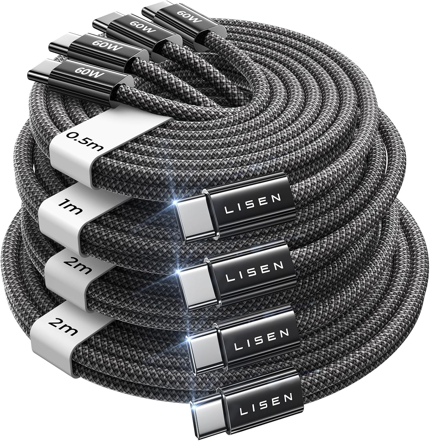 LISEN USB C to USB C Cable Charger 4-Pack [0.5/1/2/2M]