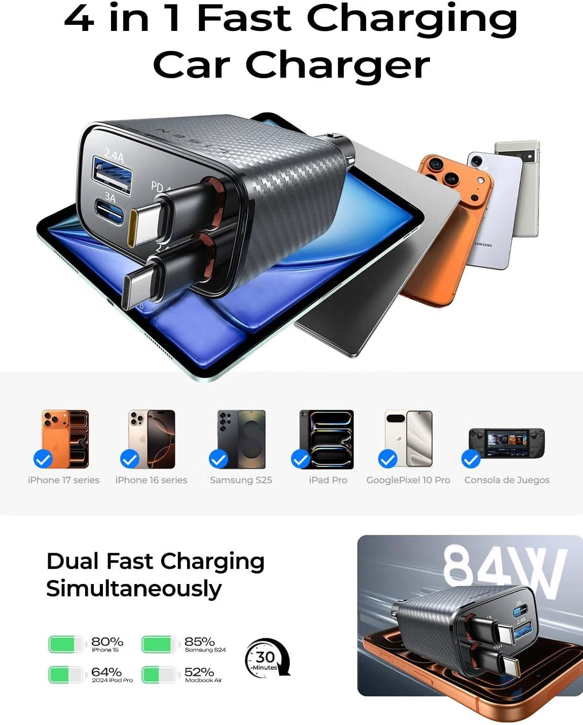 LISEN Retractable Car Charger USB C [Upgraded Dual Type C] 75W Fast 4 in 1 Car Charger for iPhone 17, Gifts for Him Her Men Women, Carbon Black