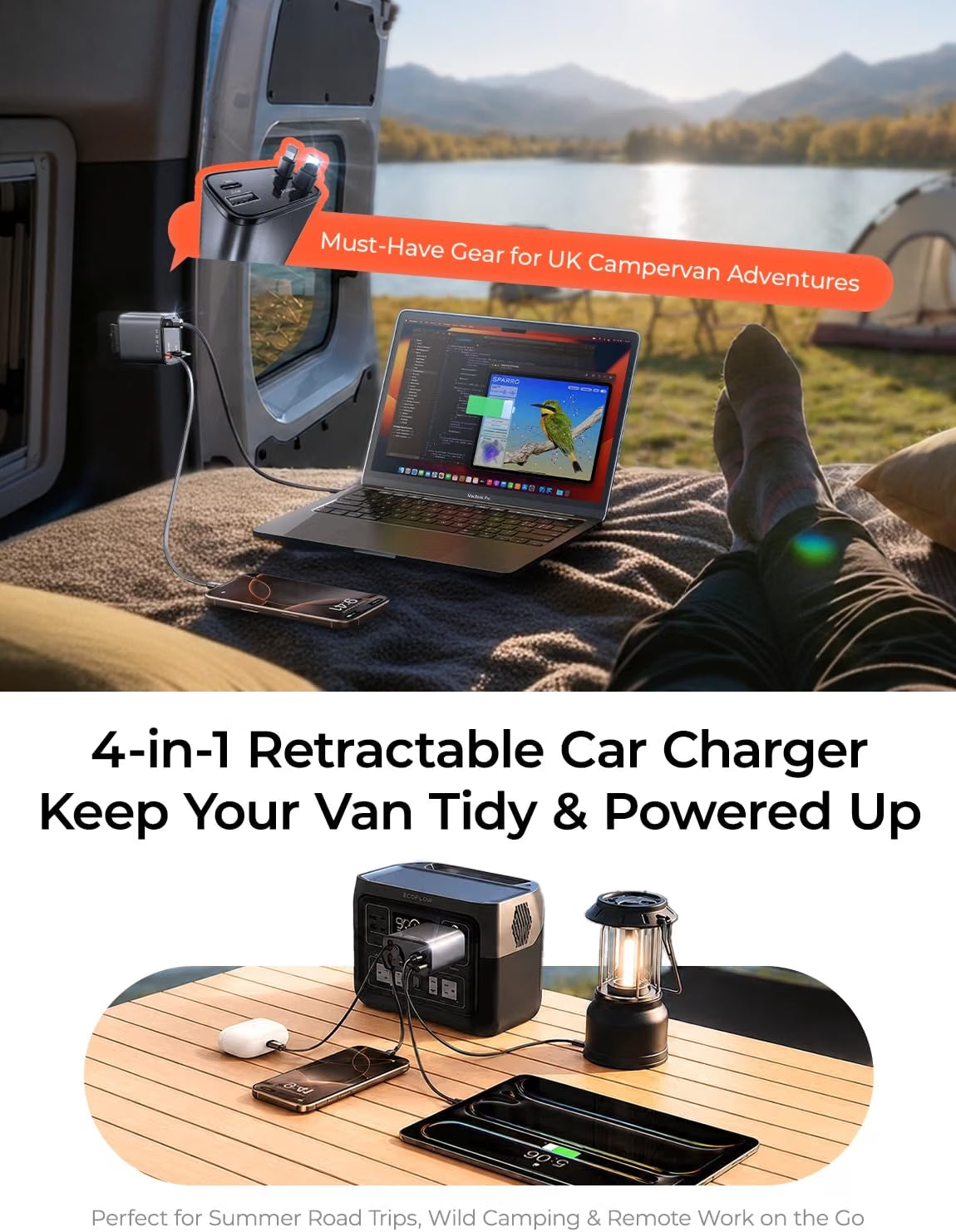 LISEN 84W Einziehbares Autoladegerät USB C Zigaretten