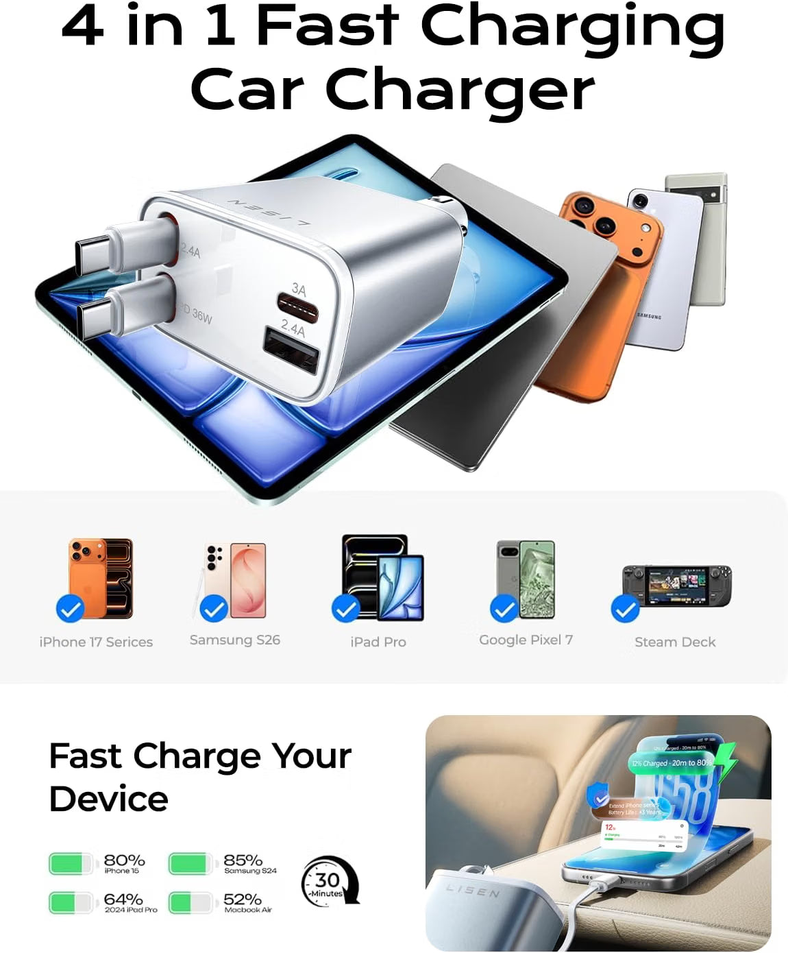 LISEN Retractable Car Charger USB C Fast Charge for iPhone 17 16 15 Pro Max