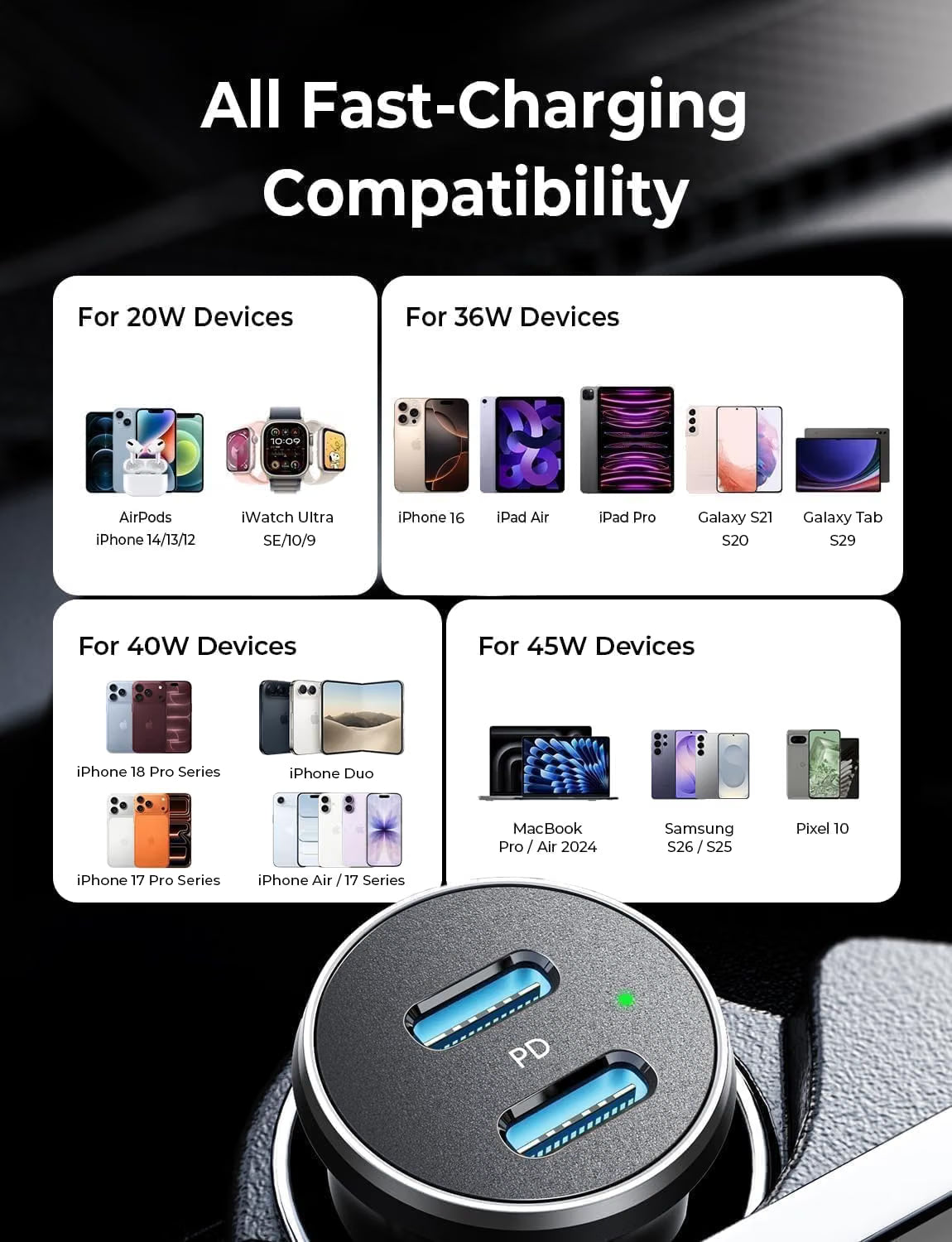LISEN 90W USB C Car Phone Charger Fast Charge 12V Car Type-C Adapter PD45W