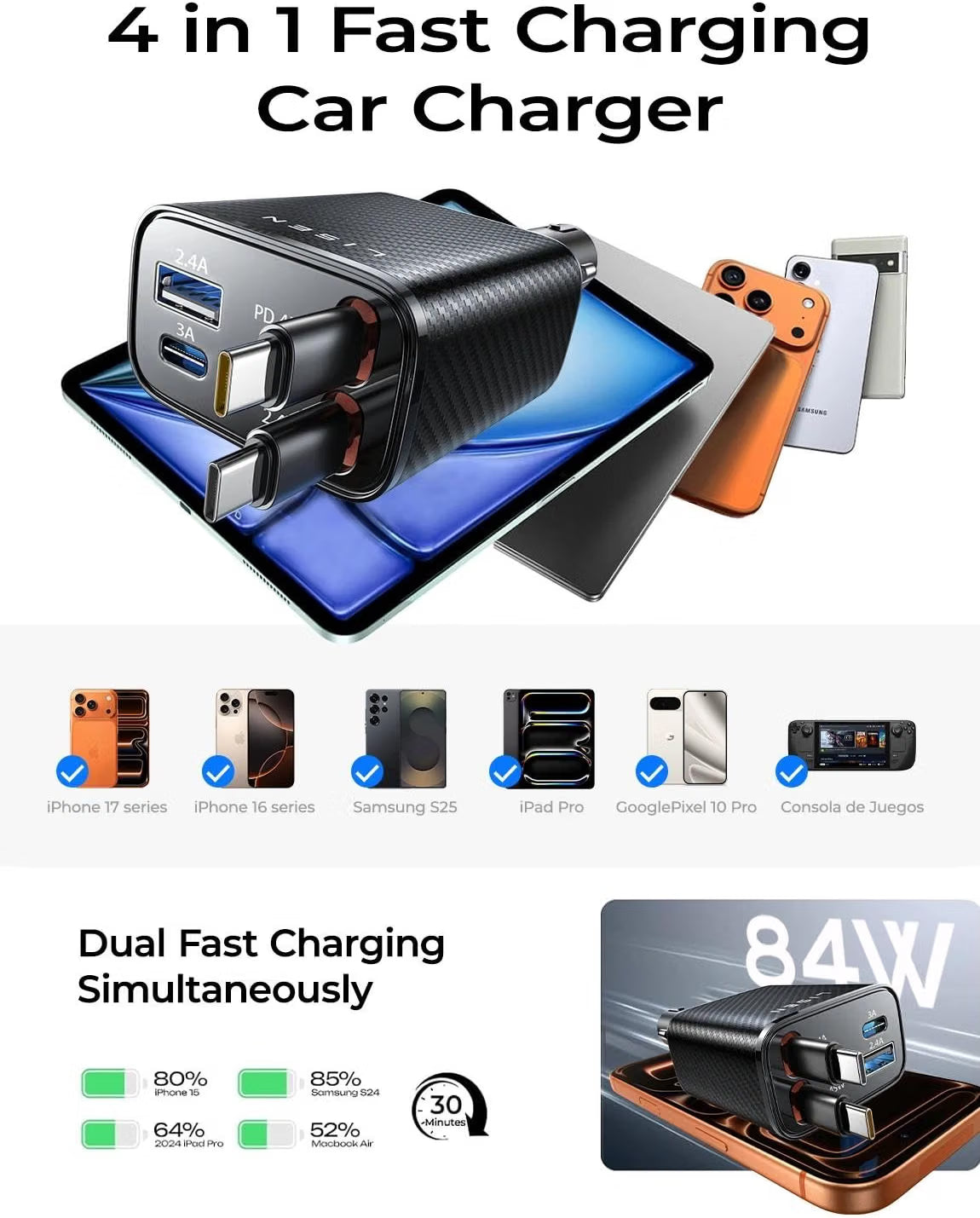 LISEN Retractable Car Charger USB C [Upgraded Dual Type C] 75W Fast 4 in 1 Car Charger for iPhone 17, Gifts for Him Her Men Women, Carbon Black