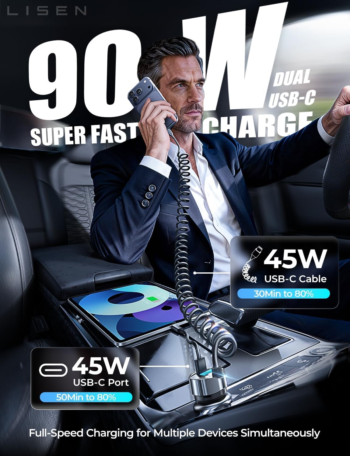 LISEN 90W iPhone 17 16 15 Pro Max用カーチャージャー USB C 急速充電、iPhone 15 16 17 Pro用超高速カーチャージャー タイプCアダプター iPhone 17 16 15 Air ProMax Plus、Samsung Galaxy S25、Pixel、Android用