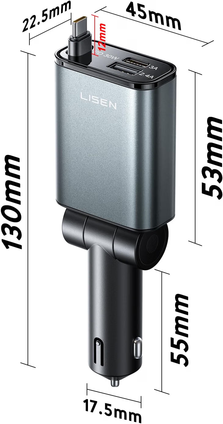 LISEN Compact 3 in 1 Retractable Car Phone Charger USB C Fast Charge 57W Cigarette Lighter USB Charger 80cm Type-C Cable, 12/24V Car Adapter Socket Car Accessories