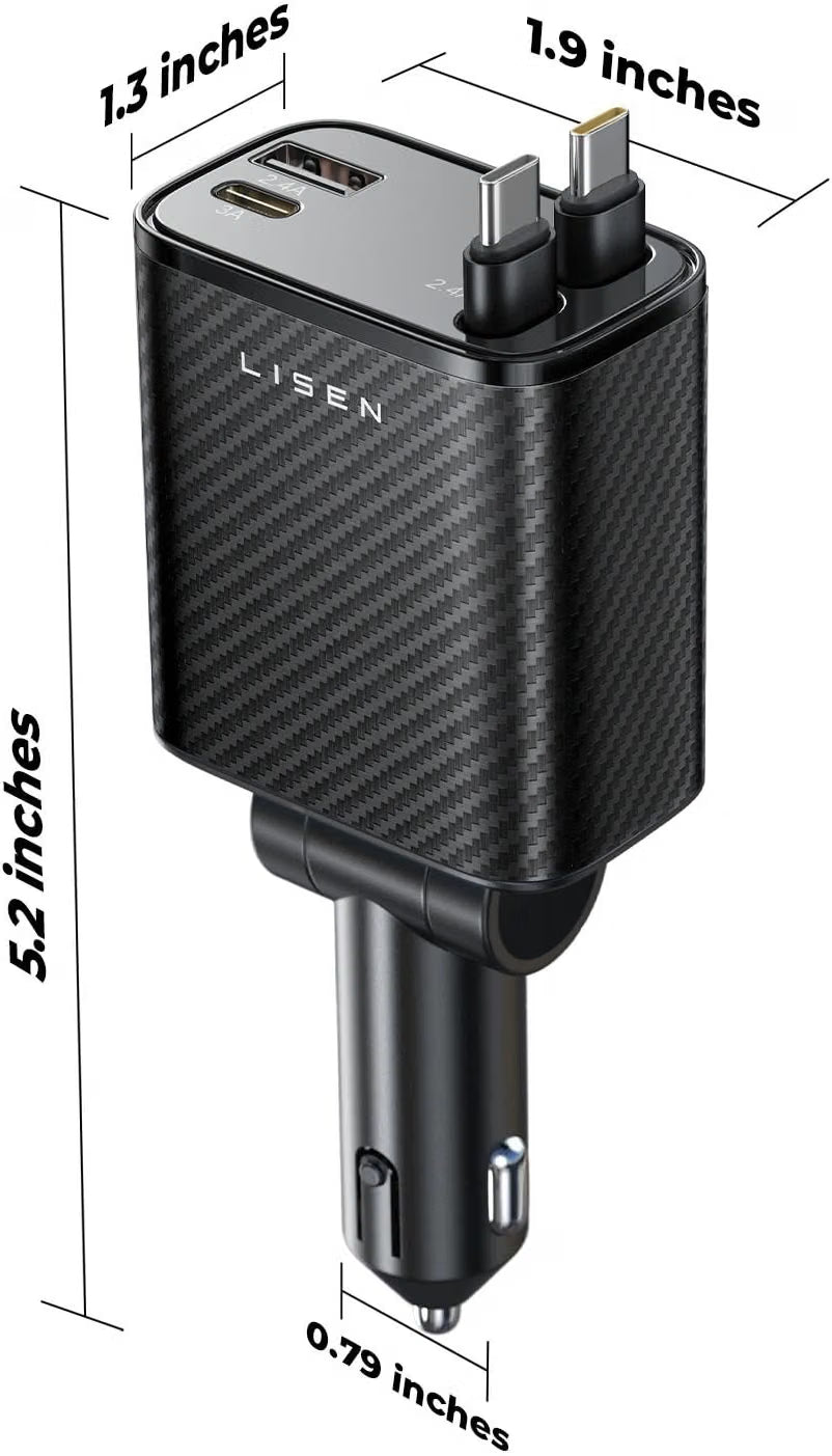 LISEN Retractable Car Charger USB C [Upgraded Dual Type C] 75W Fast 4 in 1 Car Charger for iPhone 17, Gifts for Him Her Men Women, Carbon Black