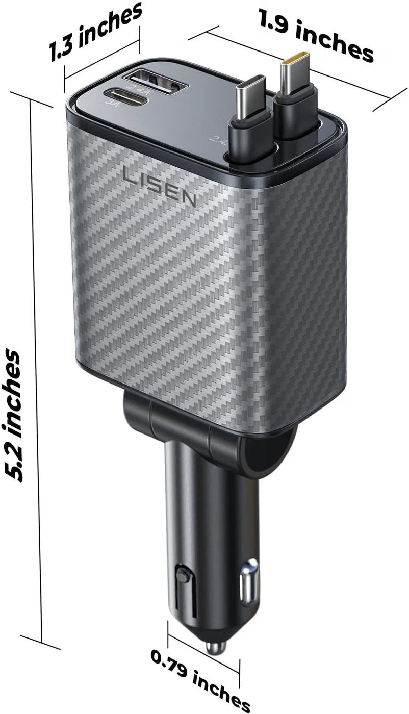 LISEN Retractable Car Charger USB C [Upgraded Dual Type C] 75W Fast 4 in 1 Car Charger for iPhone 17, Gifts for Him Her Men Women, Carbon Black