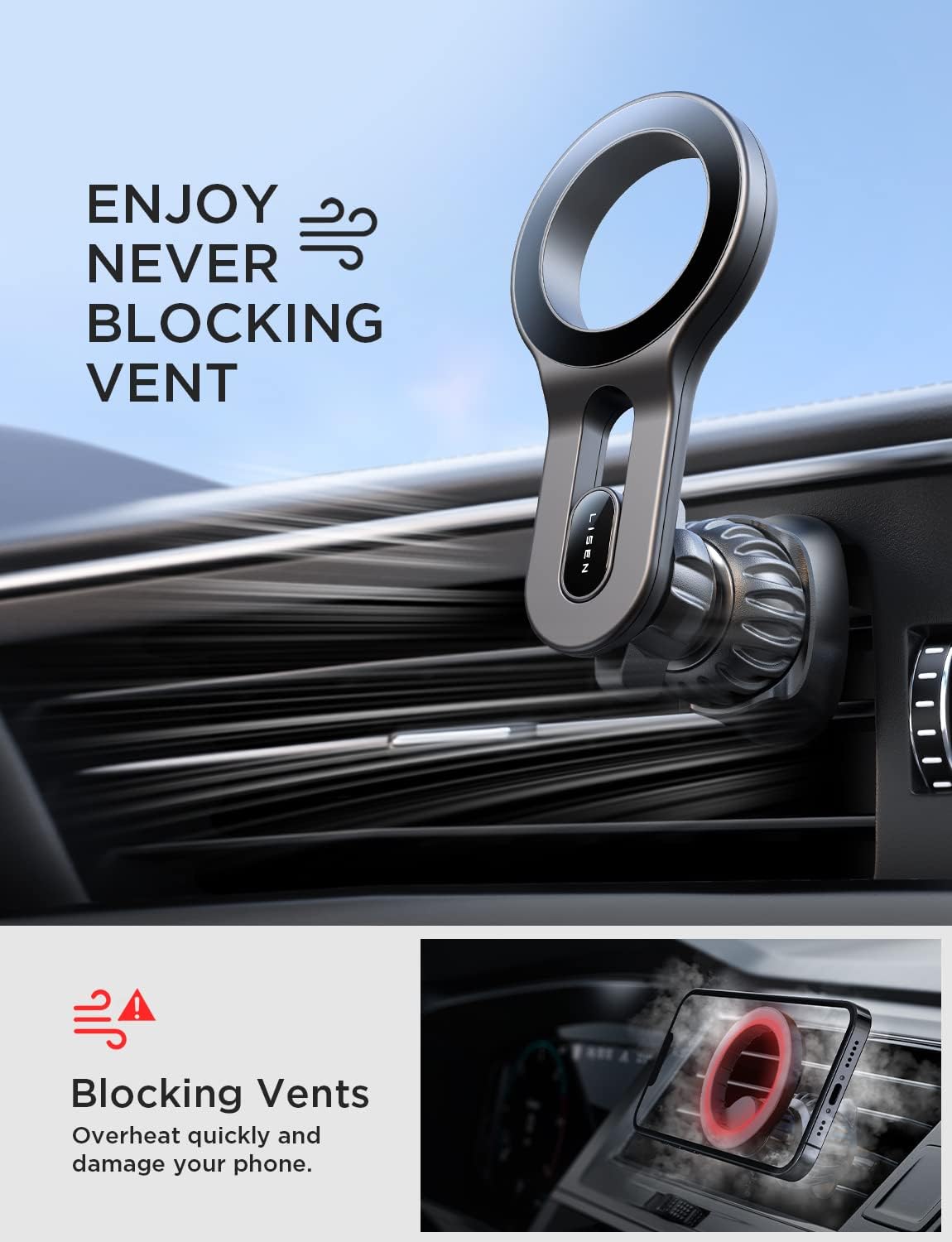 LISEN MagSafe Car Mount Vent Phone Holder Car [Won't Block Vent]
